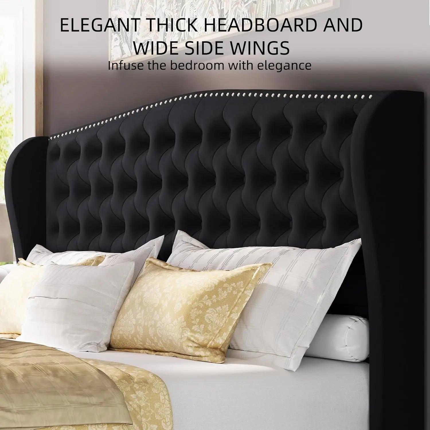 King Black Velvet Upholstered Platform Wingback Headboard Footboard Tufted Slats No Box Spring
