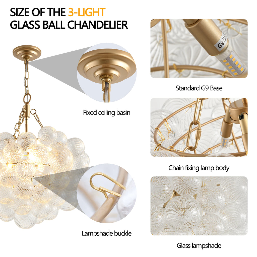 20" Gold Pendant Chandelier, Threaded Clear Glass Globe(No Bulbs)