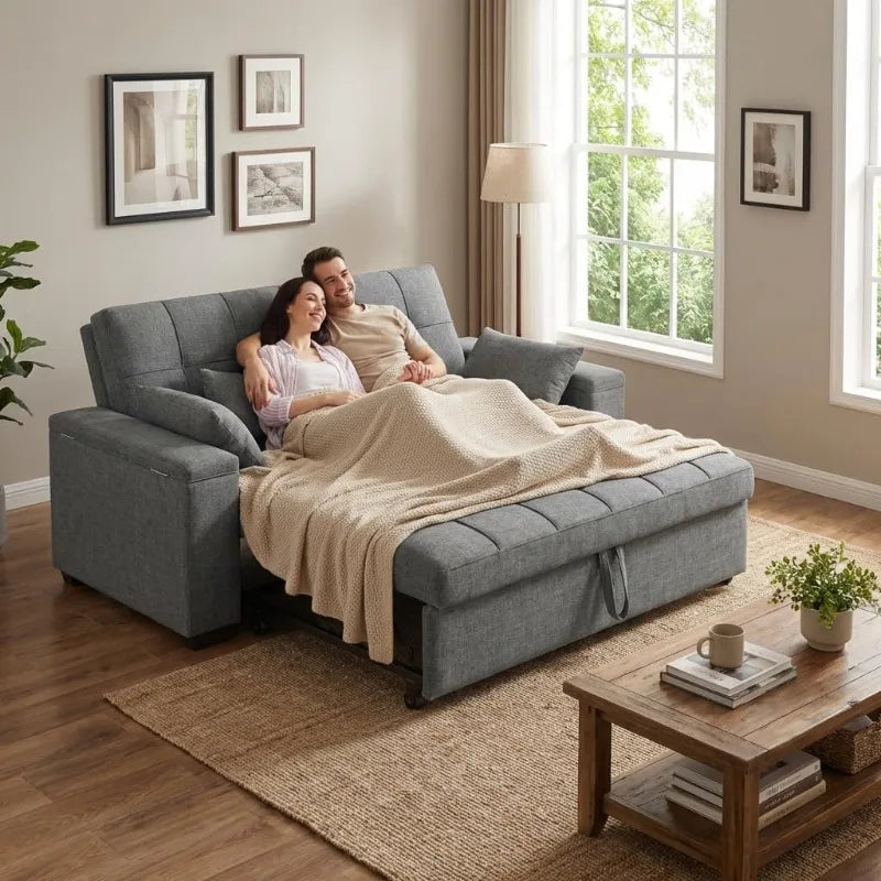 3-in-1 63.6'' Pull Out Couch w/Storage Armrests, Adjustable Backrest & Pocket