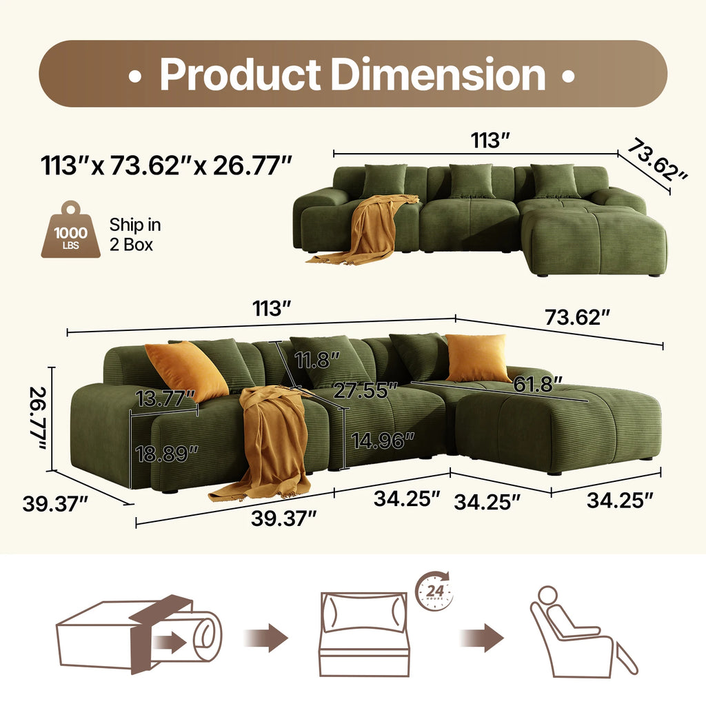 113" 3-Seat Cloud L-Shaped Sectional Sofa, Movable Ottoman, Corduroy Upholstery