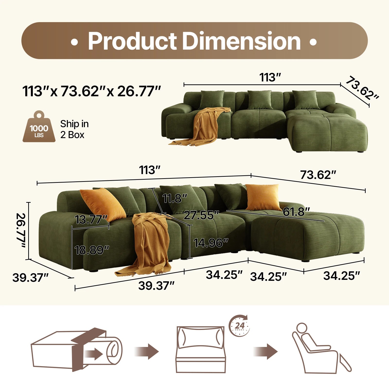 113" 3-Seat Cloud L-Shaped Sectional Sofa, Movable Ottoman, Corduroy Upholstery