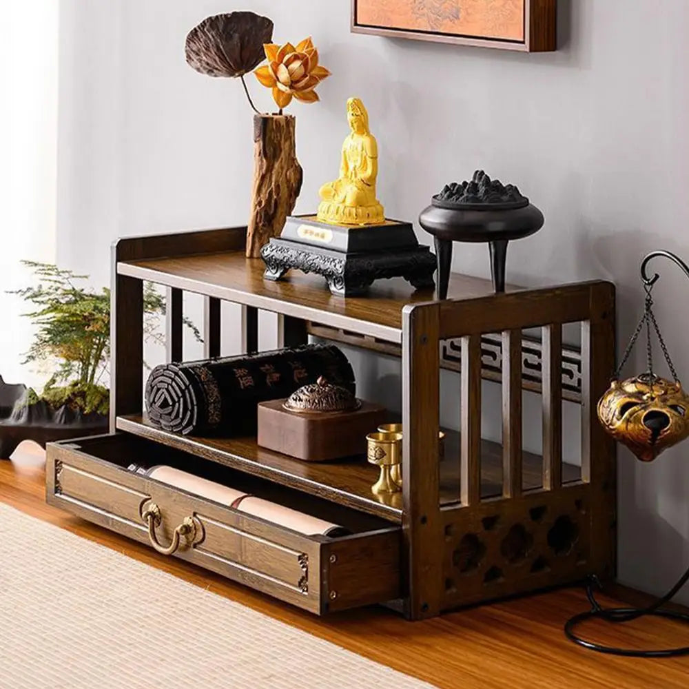 Walnut Meditation  Floor Altar Table, Low 2-Tier Japanese/Puja Table, Drawer