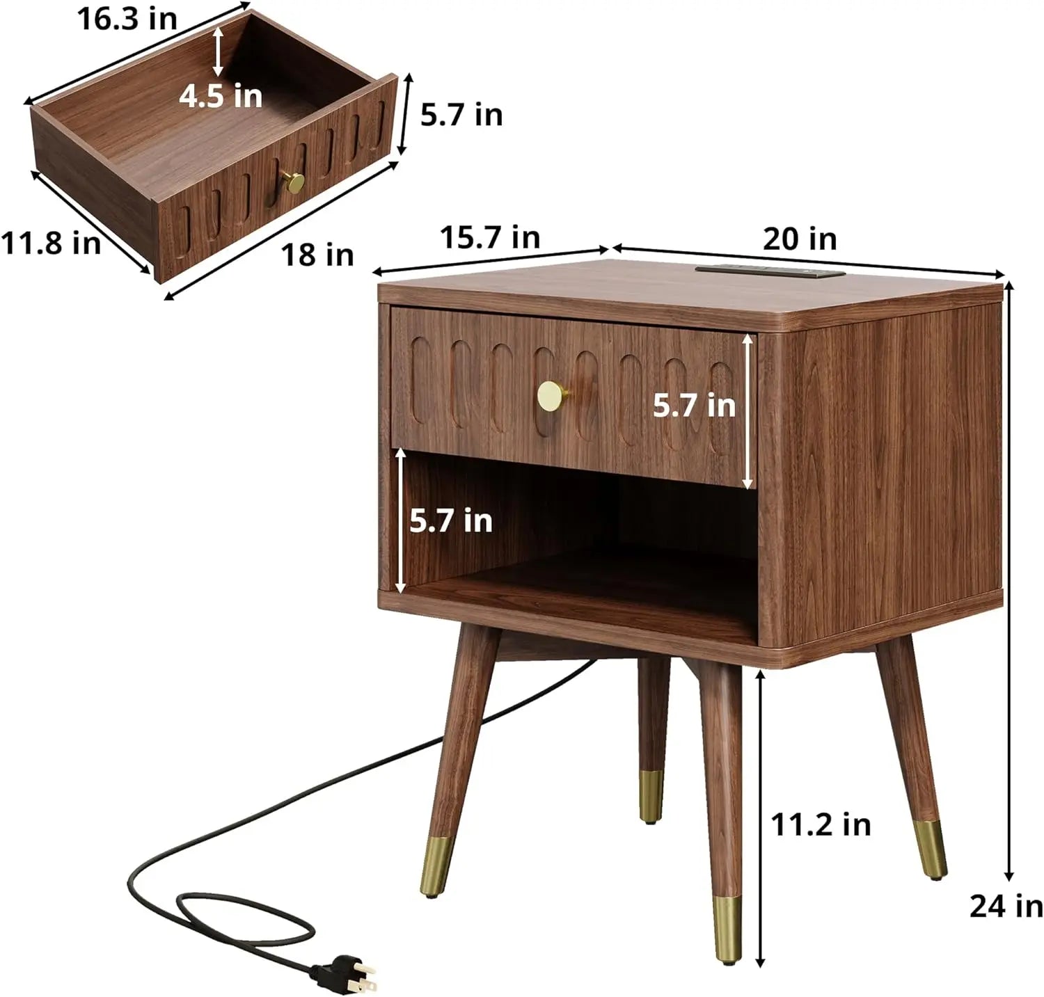 End Table, Drawer, Open Shelf, Charging Station, Capped Legs