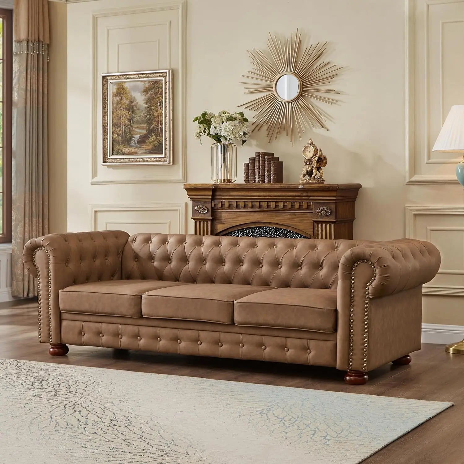 89" Leather Sofa Low Back Roll Arm Nail Head Trim 3-Seat