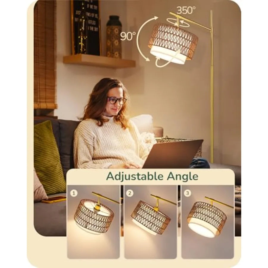 Rattan Arc Floor Lamp, Remote, Fabric Dual Shades, Dimmable LED B