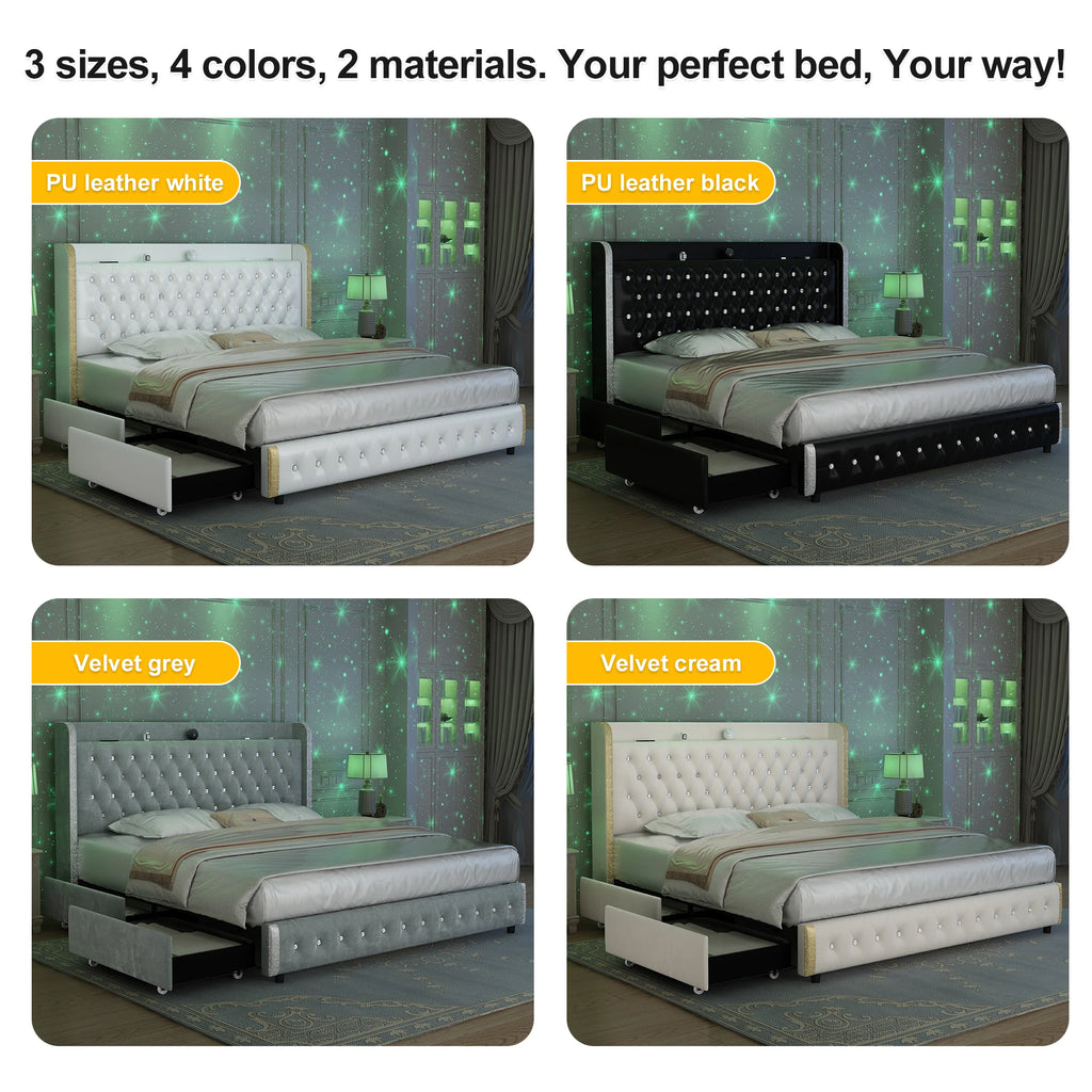 LED Frame, Galaxy Projector, Bluetooth, USB Ports, 4 Drawers, No Box Spring Needed