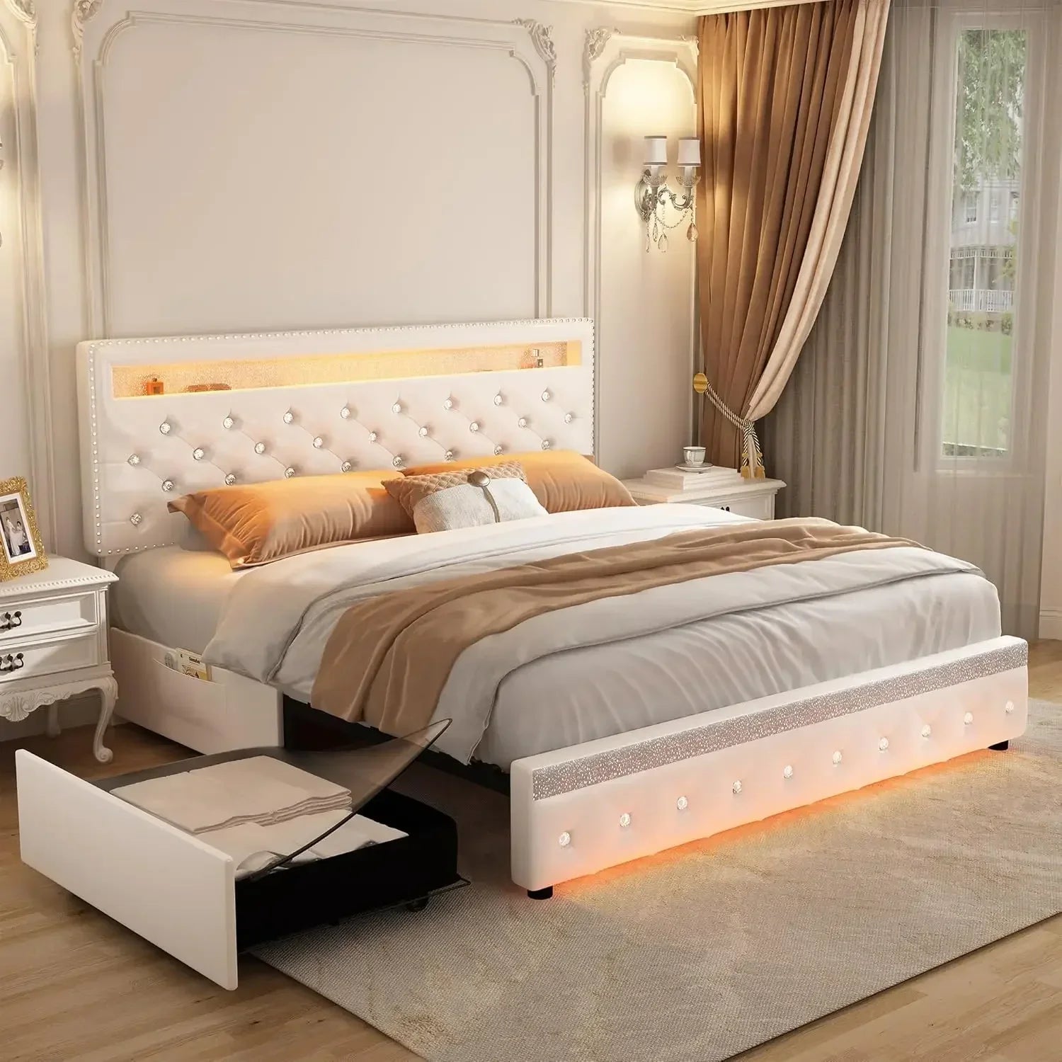 LED Platform Queen Size Bed Frame 2-Drawers Upholstered Design