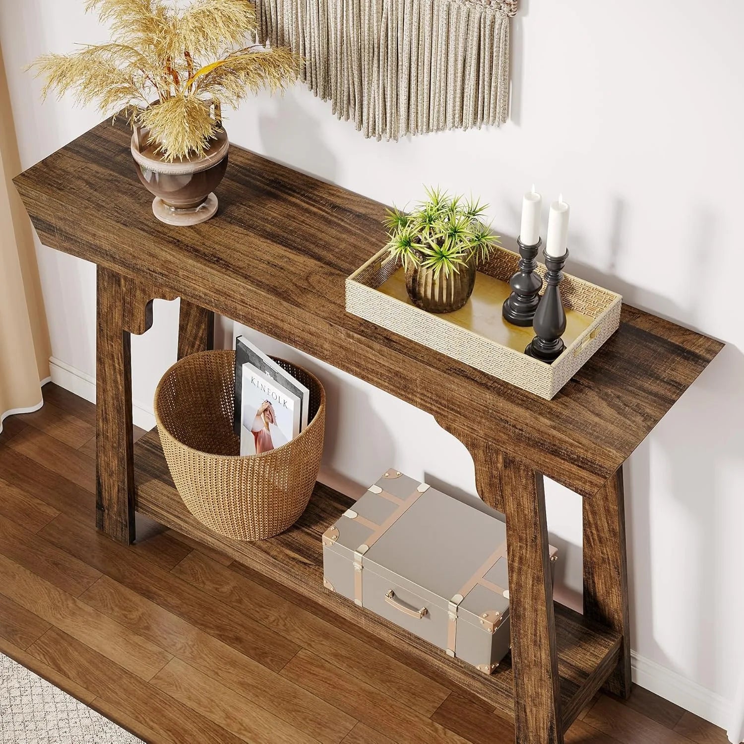 41.3" Farmhouse Console Table/Behind Couch, 2-Tier with Storage