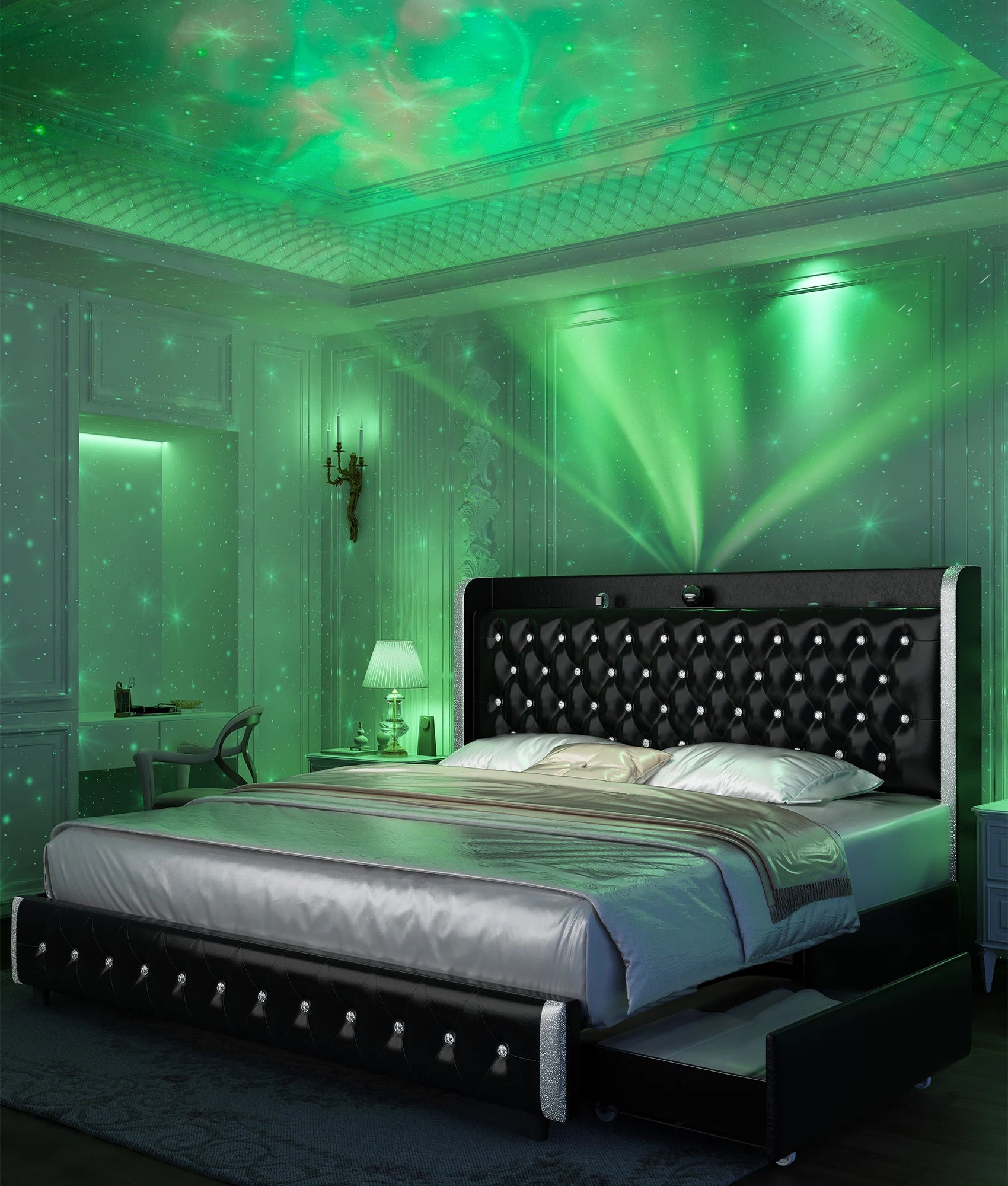 LED Frame, Galaxy Projector, Bluetooth, USB Ports, 4 Drawers, No Box Spring Needed