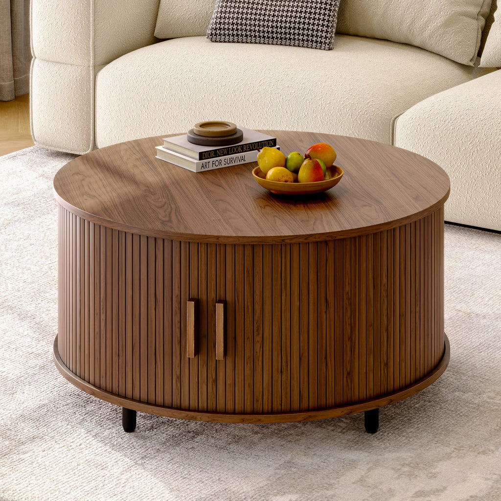31.5" Round Coffee Table Storage 360° Curved Sliding Door, Fluted