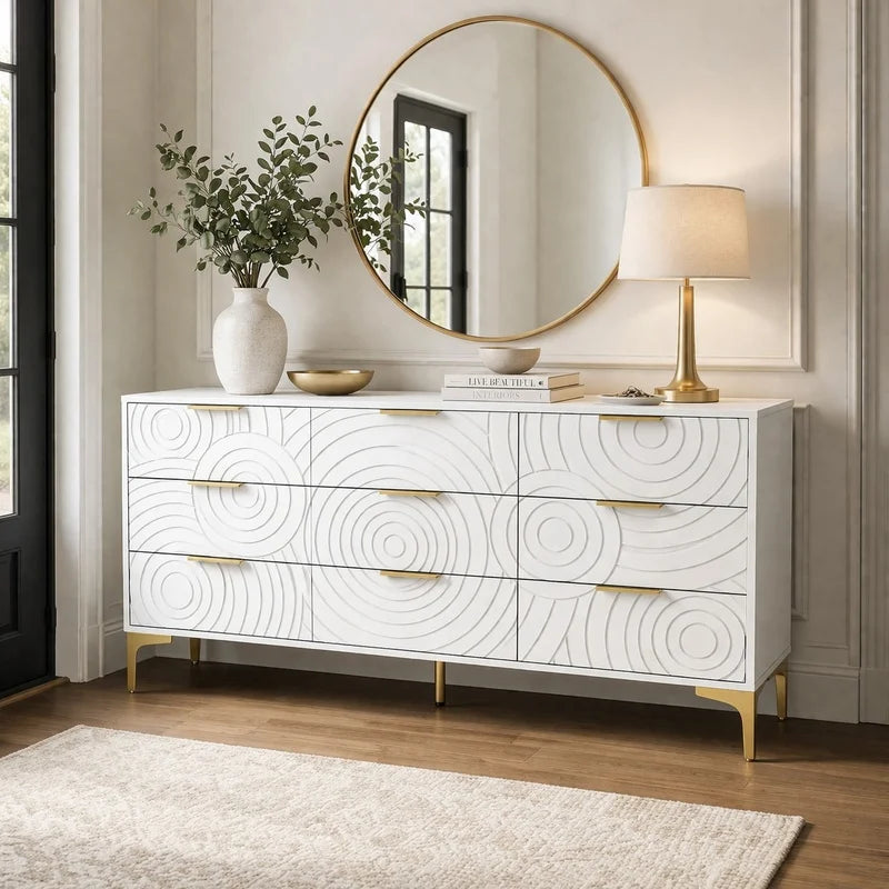 Modern White 9-Drawer Dresser, Metal Handles, Large Storage Chest