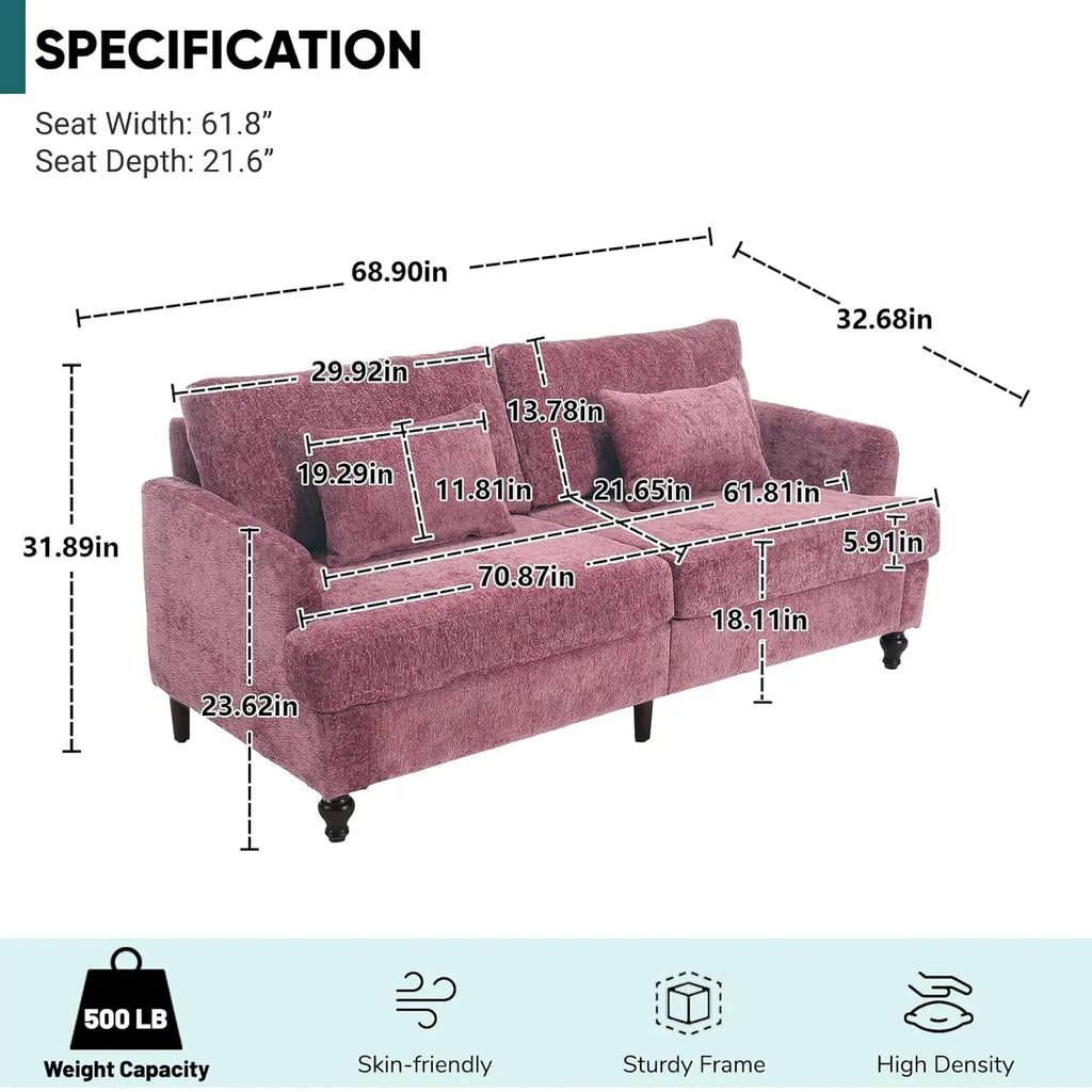 70 inch Loveseat Upholstered Chenille Sofa, Wood Legs