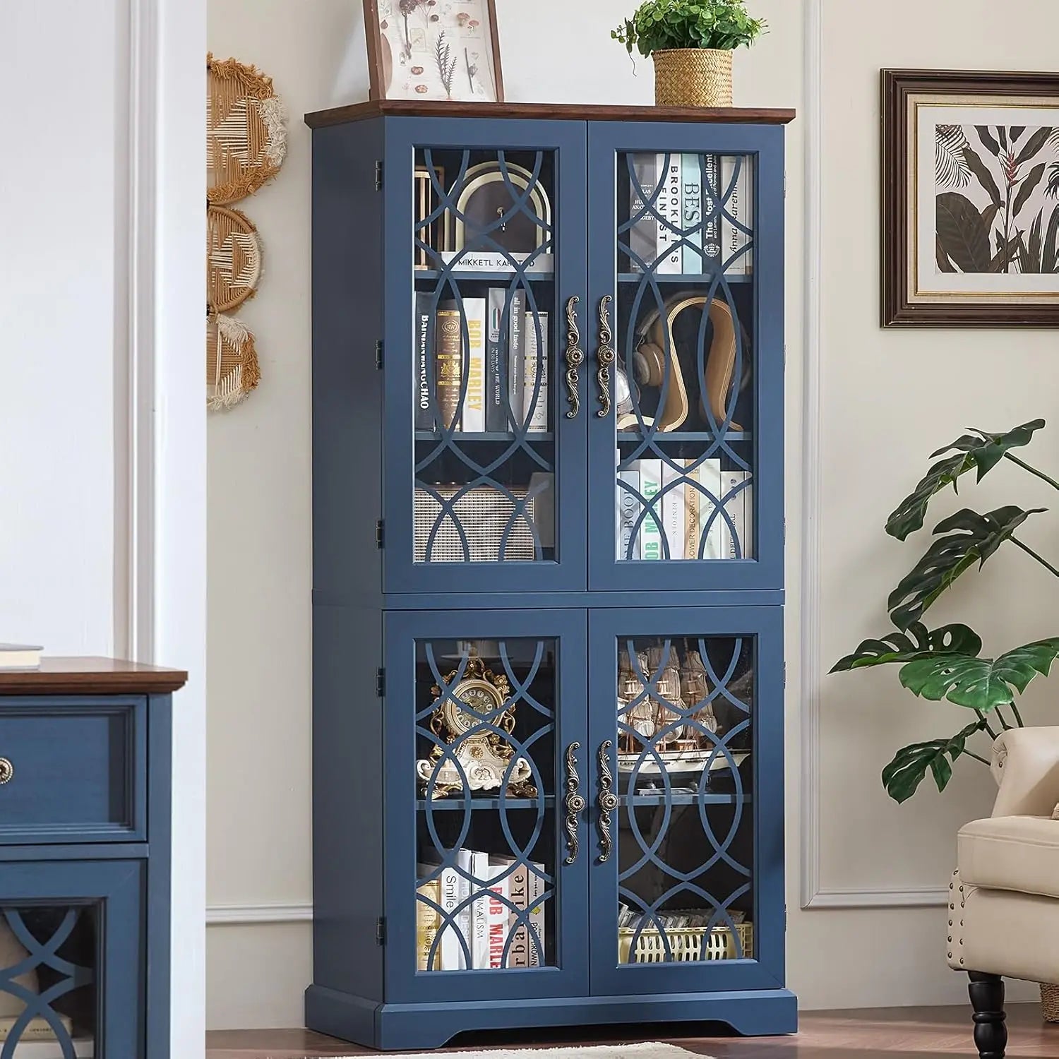 67" Wood Bookshelf Glass Doors 5-Tier Adjustable Shelves , Office White