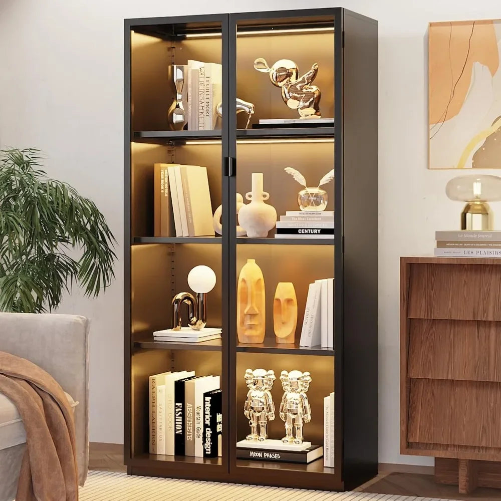 Display, Glass Doors LED Lights, 3 Adjustable Shelves, 4-Tier Shelves