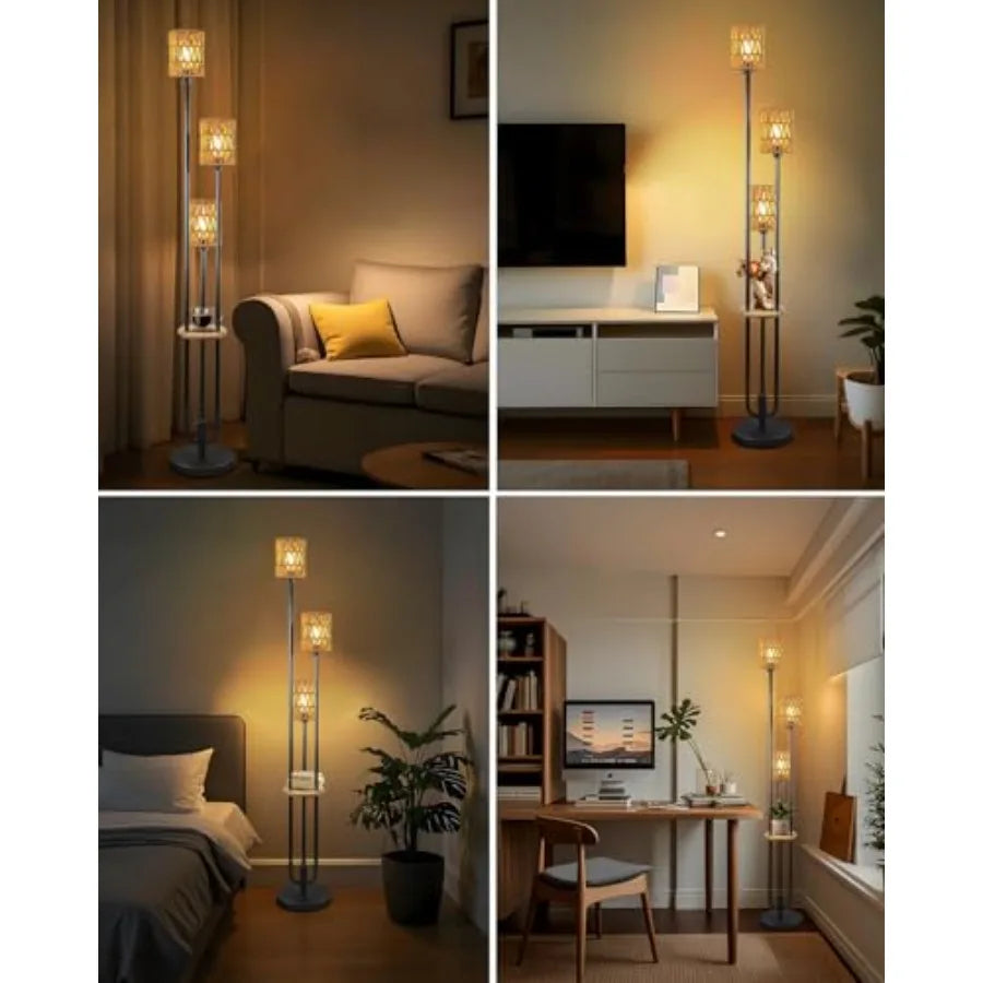 Dimmable Boho Floor Lamps, 3-Lights Rattan Floor Lamp w/Shelves, Black Stand