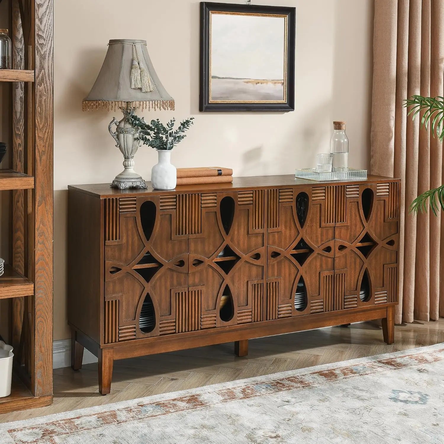 60" Blue Sideboard Buffet 4-Door Hollow Storage Shelf Vintage Console