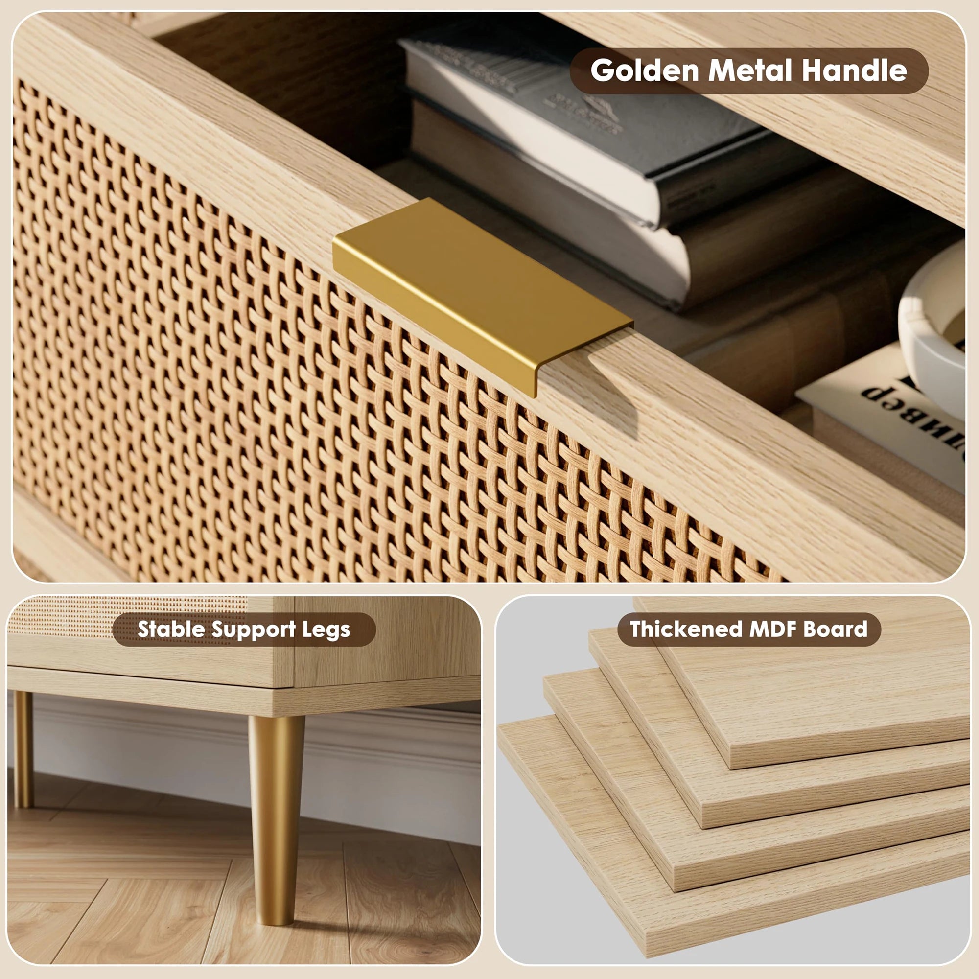 6-Drawer Hand Woven Rattan/Wood Dresser, Natural Deep Drawers