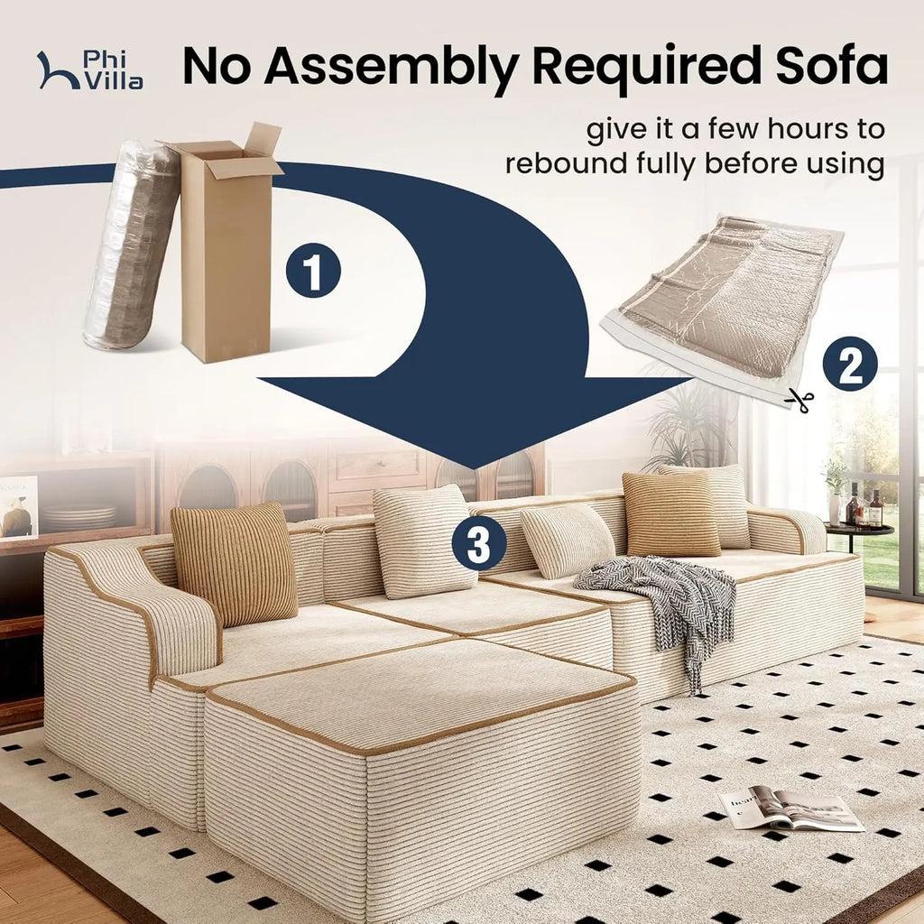 104IN Cloud Sectional Sofa, L-Shaped, Deep Seats, Compressed Couch