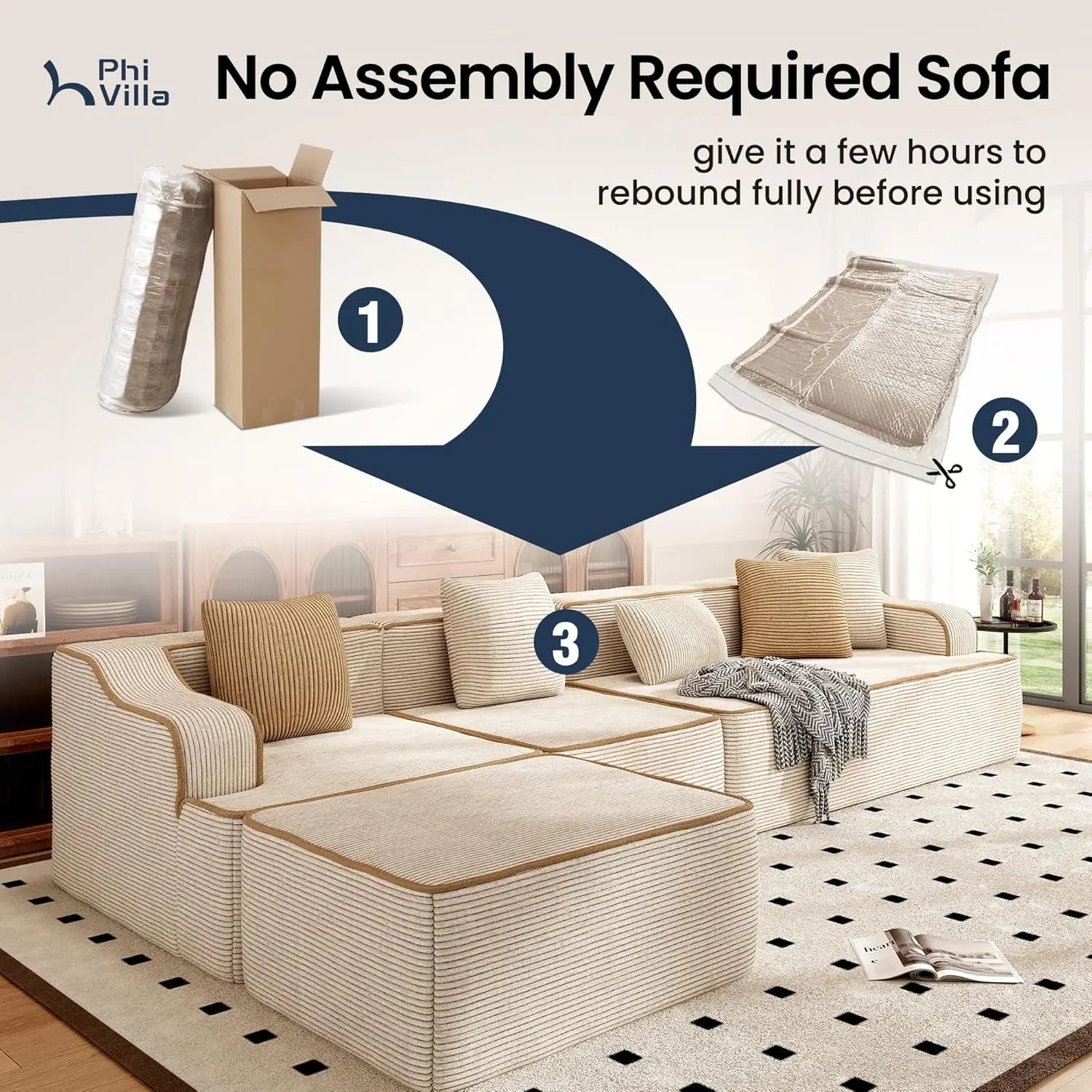 104IN Cloud Sectional Sofa, L-Shaped, Deep Seats, Compressed Couch