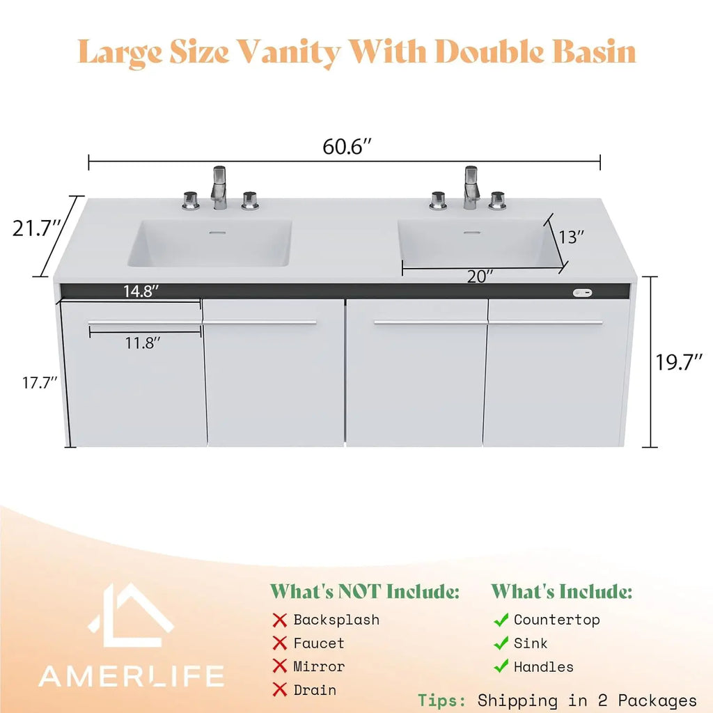 60" Floating LED Double Vanity/Cabinet-Soft Close, 3-Hole Sink,