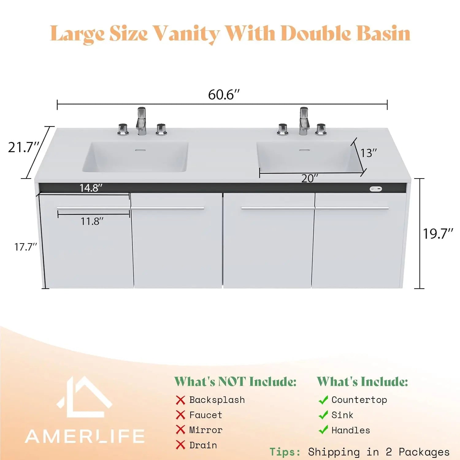 60" Floating LED Double Vanity/Cabinet-Soft Close, 3-Hole Sink,