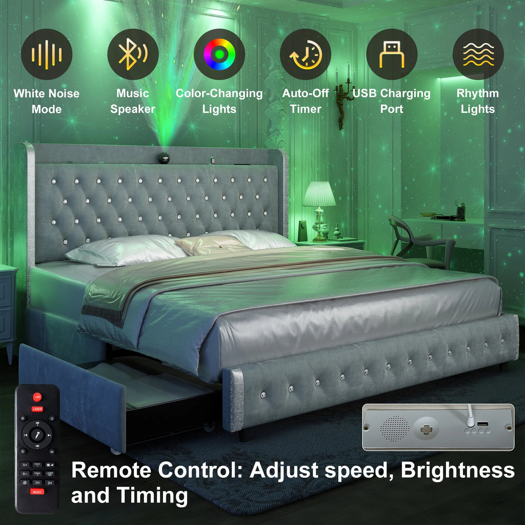 LED Frame, Galaxy Projector, Bluetooth, USB Ports, 4 Drawers, No Box Spring Needed