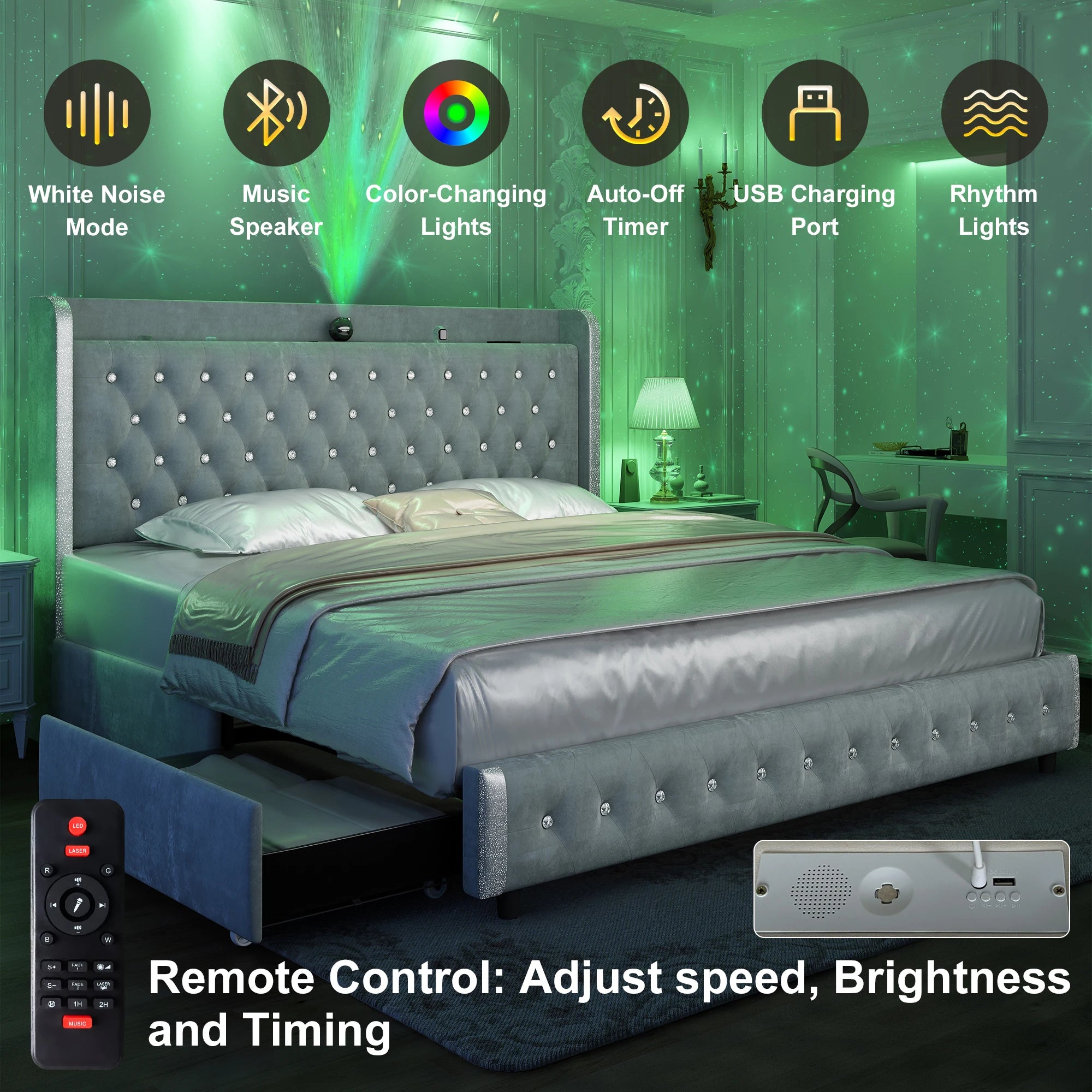 LED Frame, Galaxy Projector, Bluetooth, USB Ports, 4 Drawers, No Box Spring Needed
