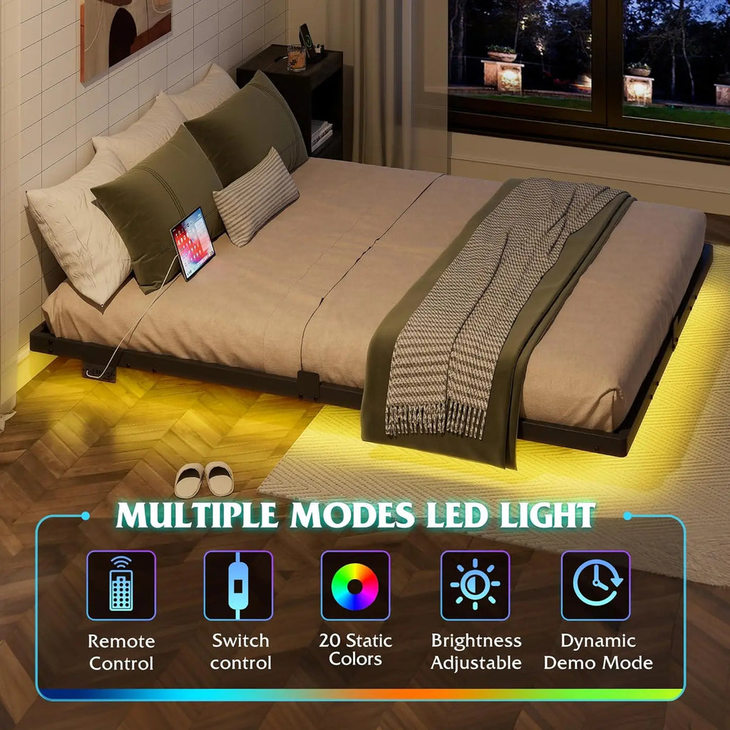 Floating Queen Bed Frame, 1500Lbs Heavy Duty Metal Platform LED Light Charging Station, No Box Spring