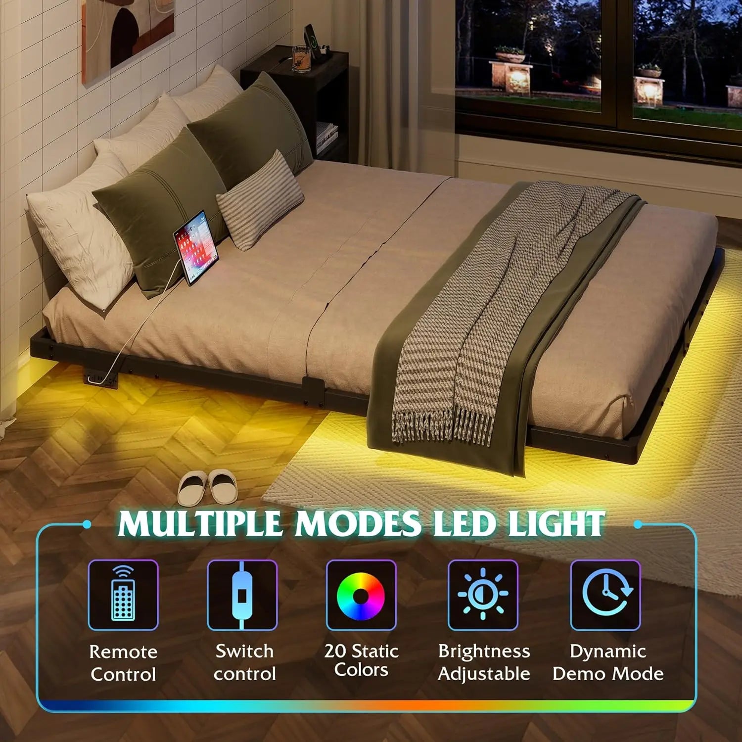 Floating Queen Bed Frame, 1500Lbs Heavy Duty Metal Platform LED Light Charging Station, No Box Spring