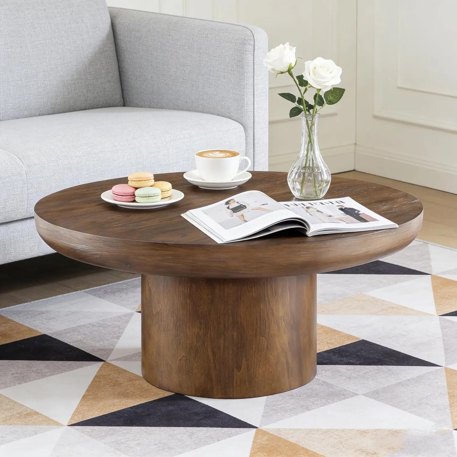Rustic 35.98'' Round Wood Pedestal Coffee Tables