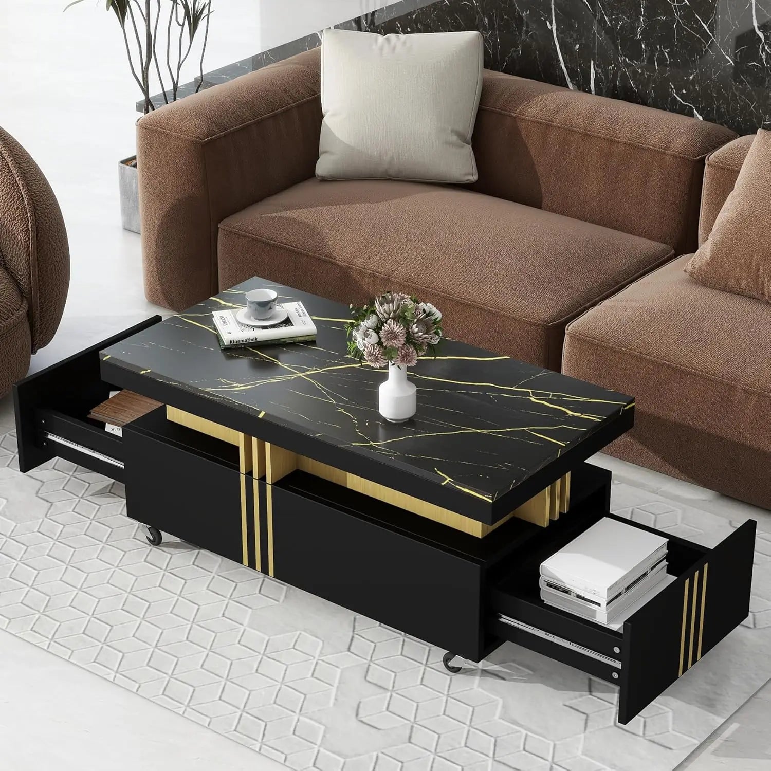 Coffee Table, Faux Marble Top, Rectangular with Caster Wheels.