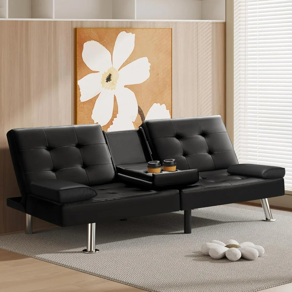 Futon Sofa Faux Leather Couch, Bed Recliner 2 Cup Holders