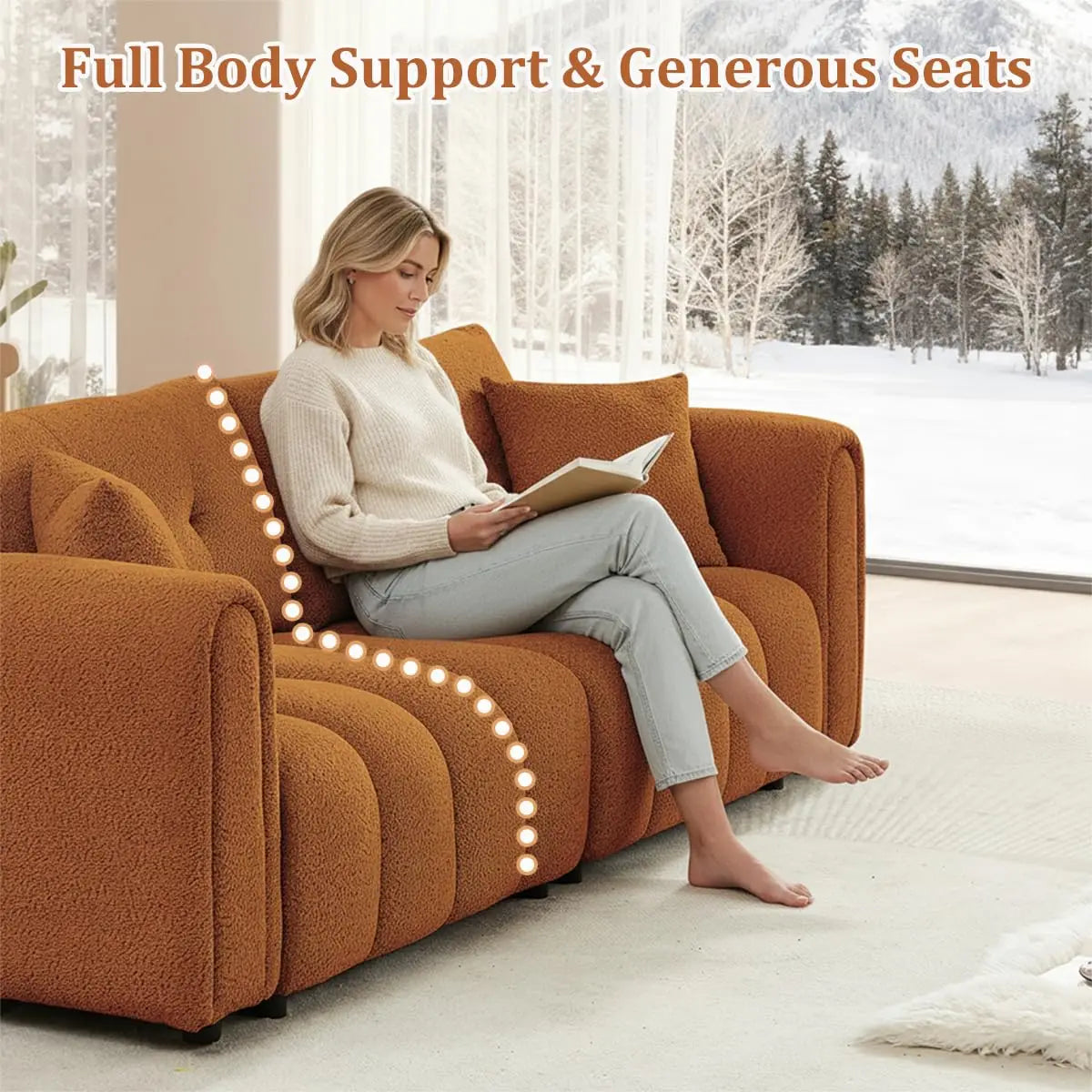 91.5" W Cloud Boucle Sofa, Rolled Arms Soft Pillows, Teddy