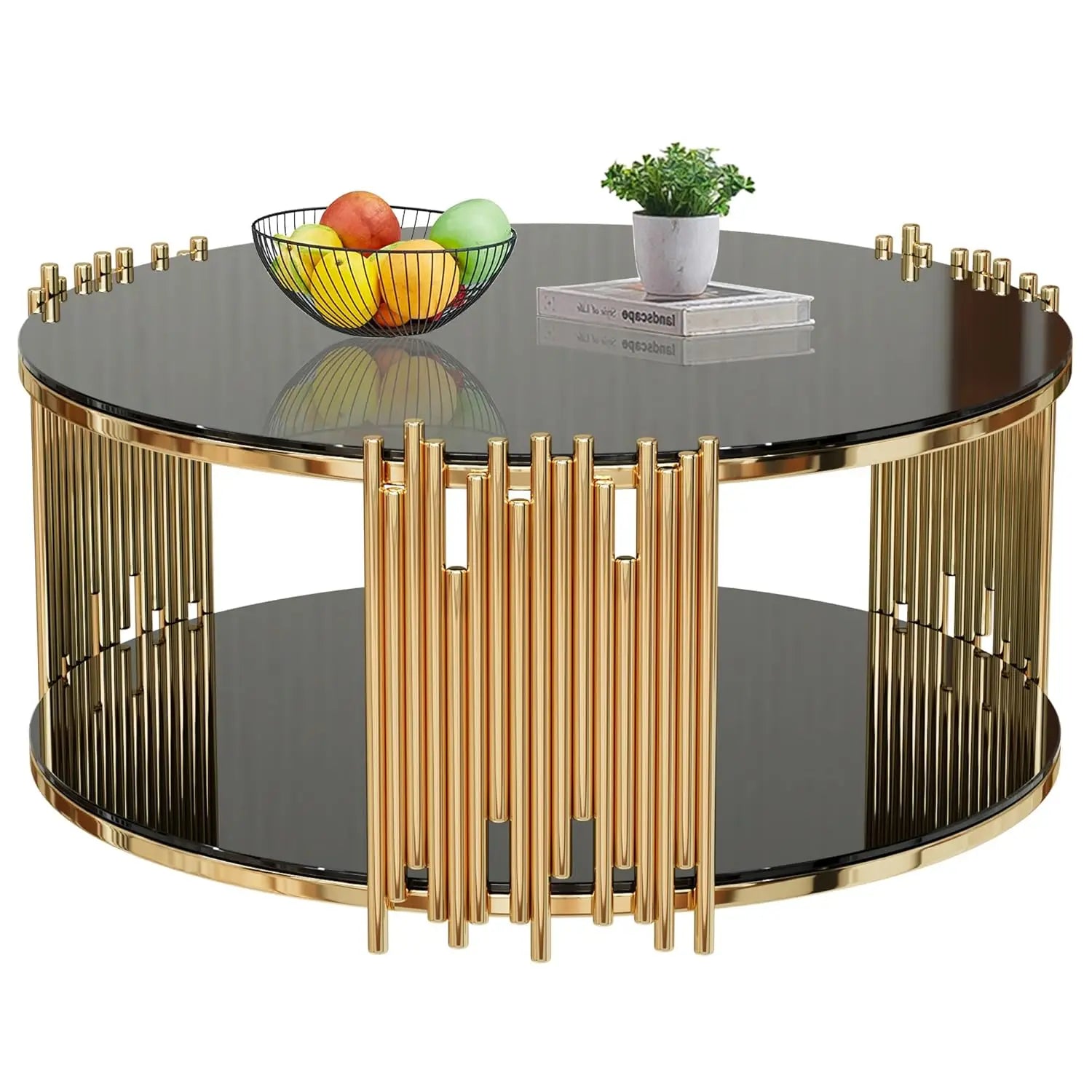 2-Tier Black, Brown or Clear Glass Coffee Table Gold Stainless Steel Base