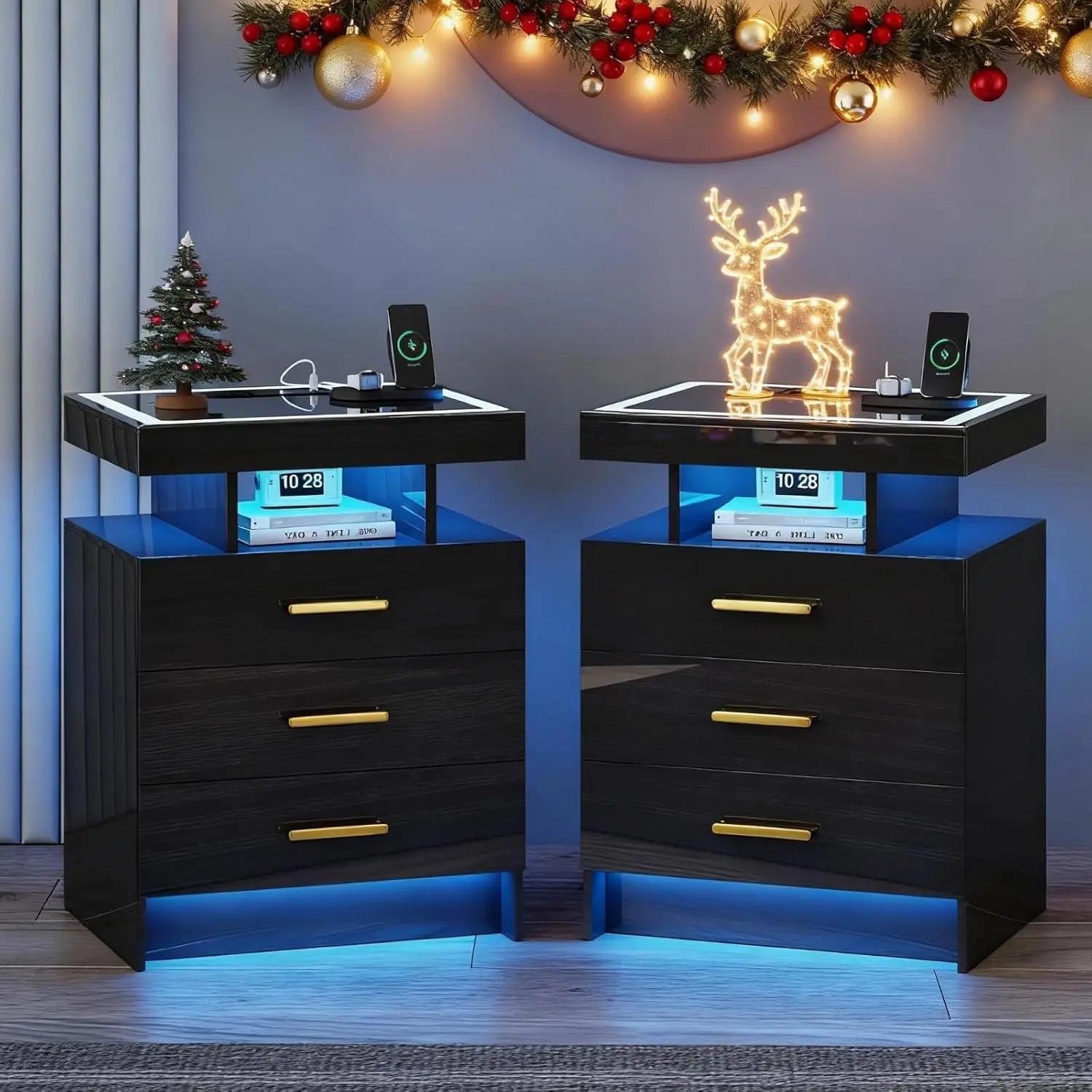 End Tables, Set-2 or Single, Charging Station 3 Drawers Glass Top