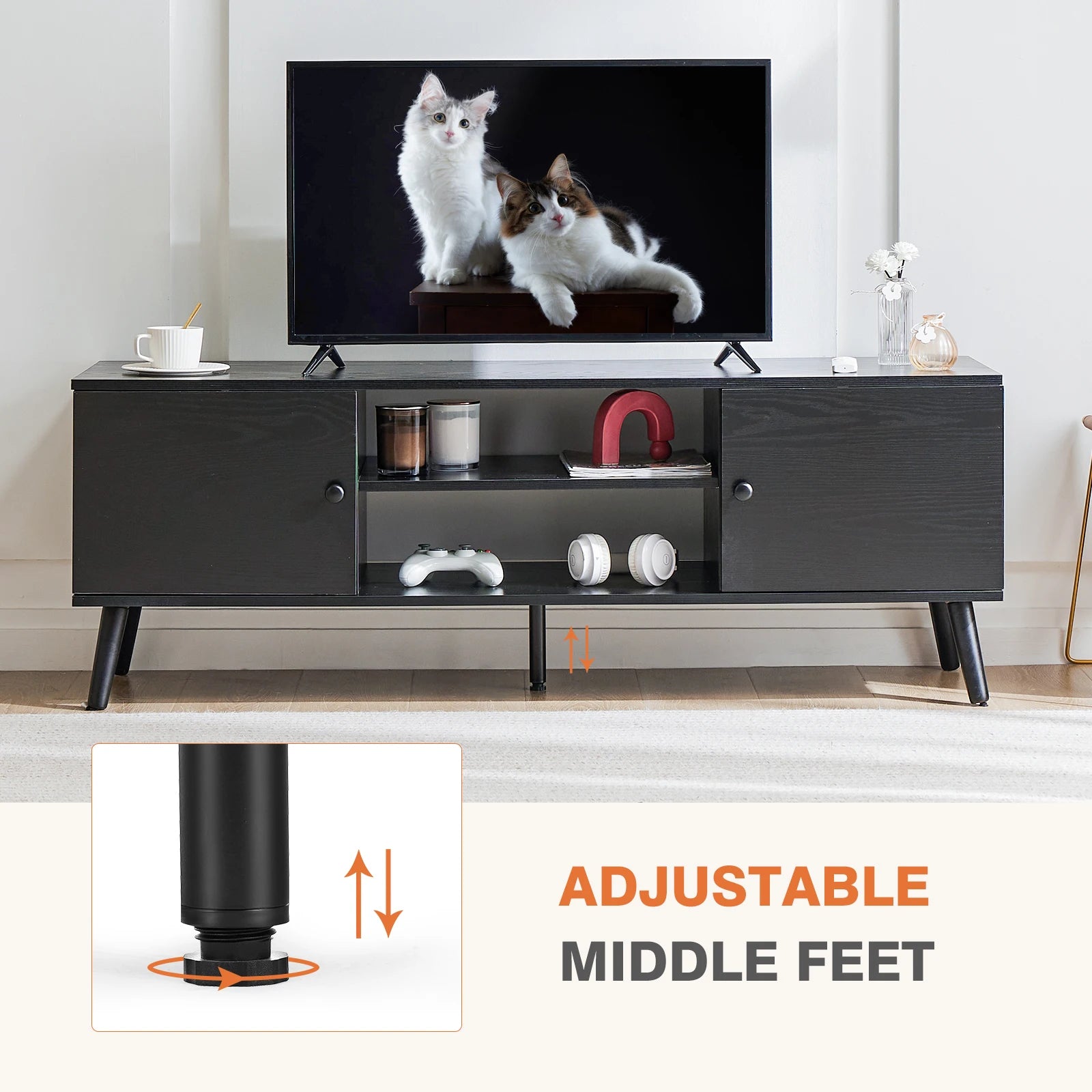 Wooden TV Stand For Up To 60 Inch TV's, Adjustable Shelf, 2 Storage