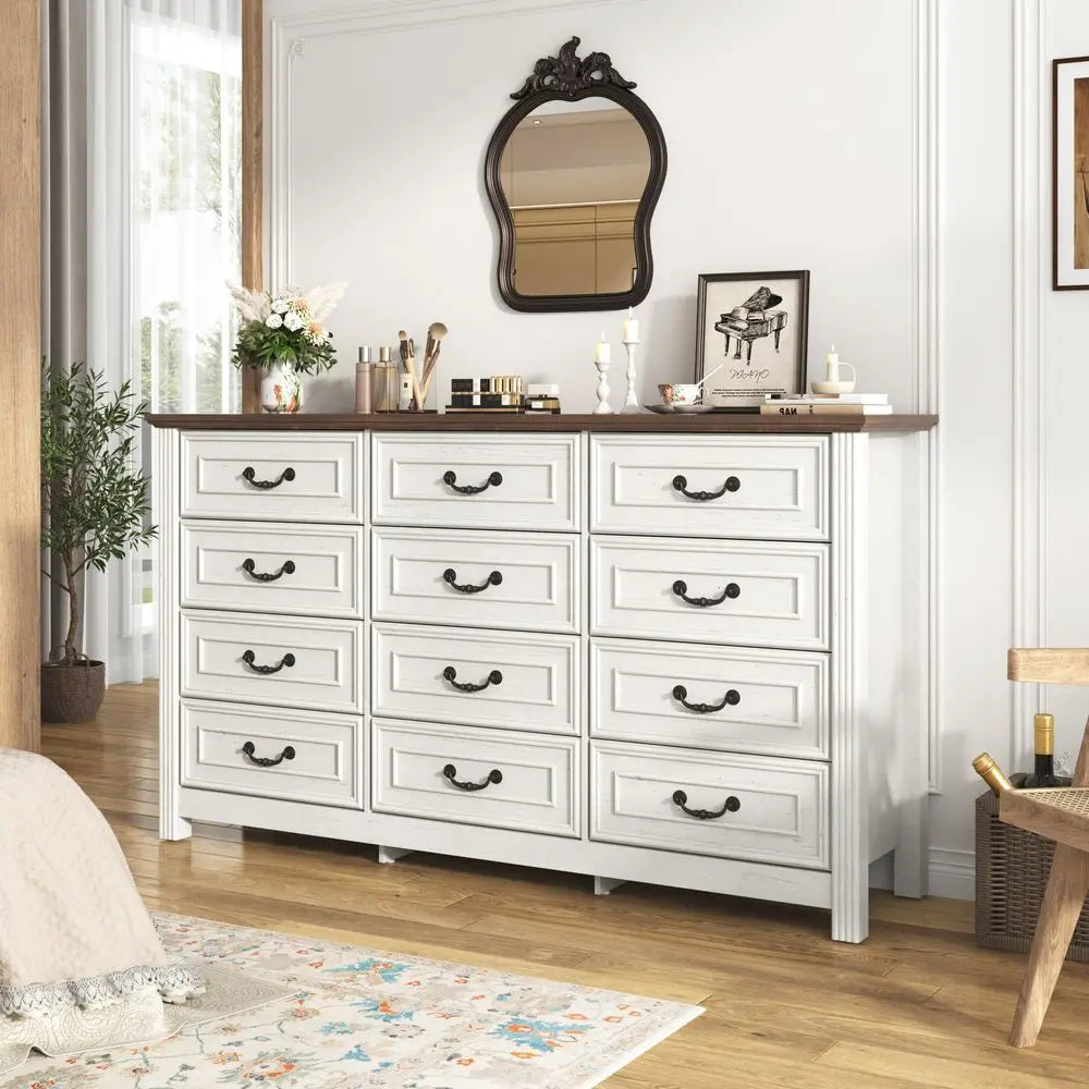 Farmhouse 12-Drawer 63IN Wood Chest of Drawers, Rustic Handles