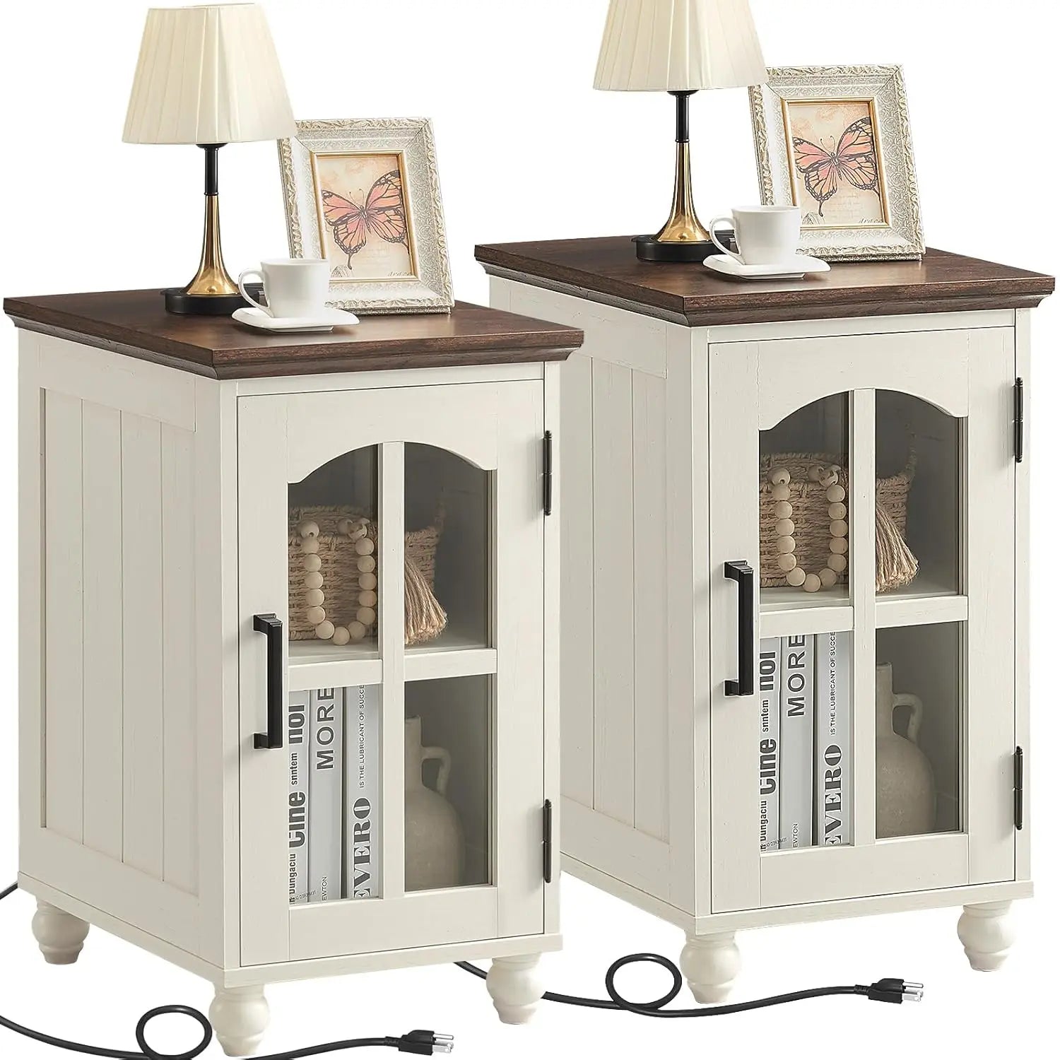 Narrow End Table Set of 2 Charging Station Glass Door
