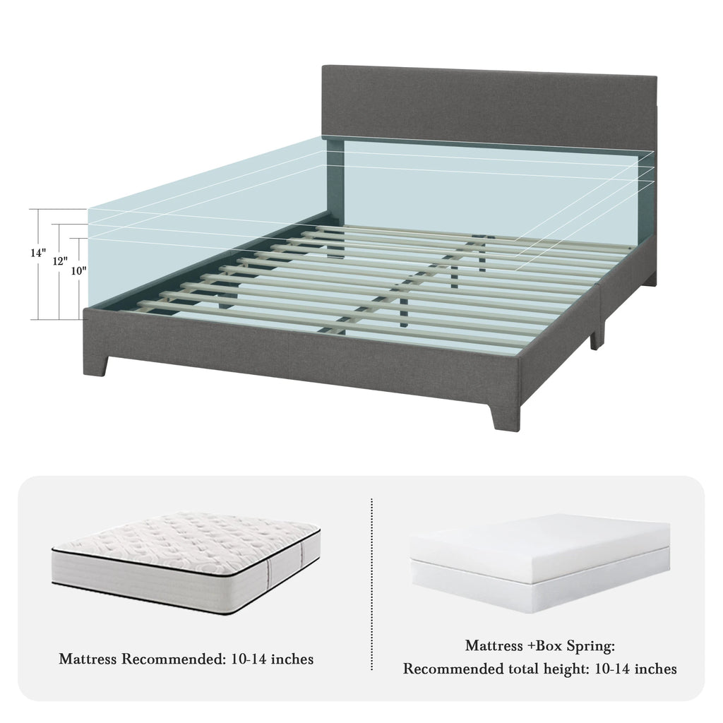 Upholstered Bed Frame, Adjustable Linen Headboard, Sturdy Wood Slats