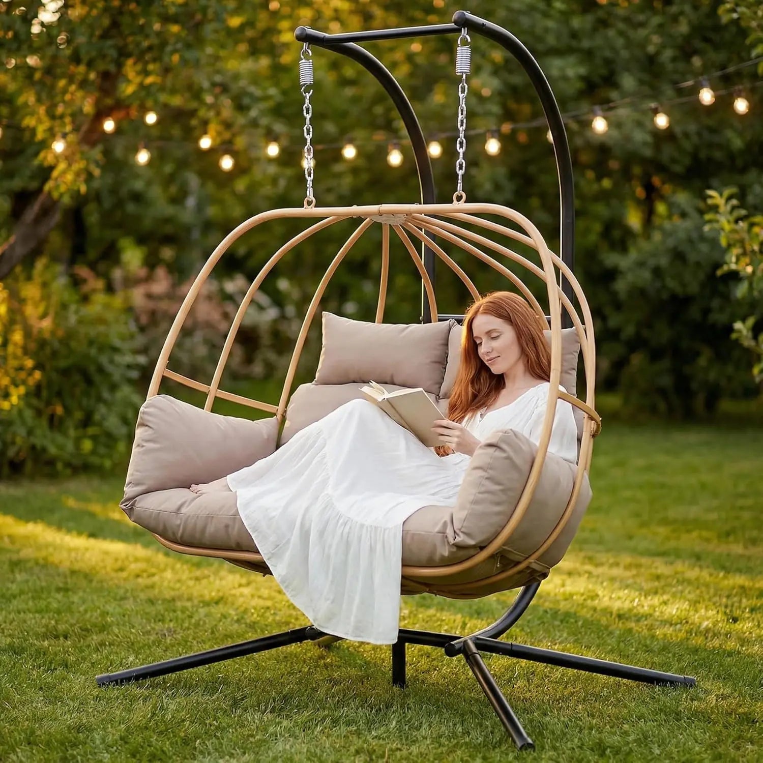 Double Egg Swing Chair, Stand, Cushions, Headrest, 80"H Metal Basket