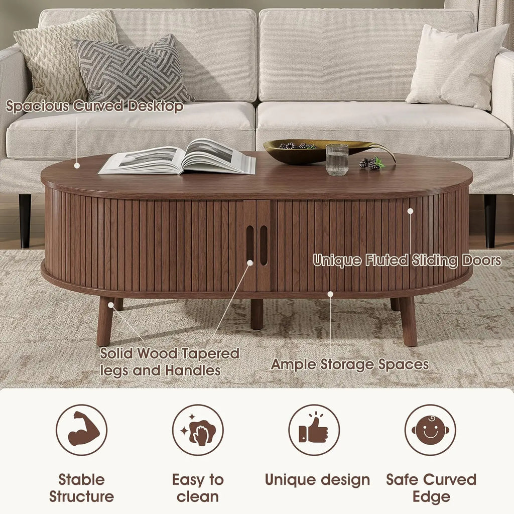 Oval Coffee Table Tambour Door Fluted Hidden Storage Walnut