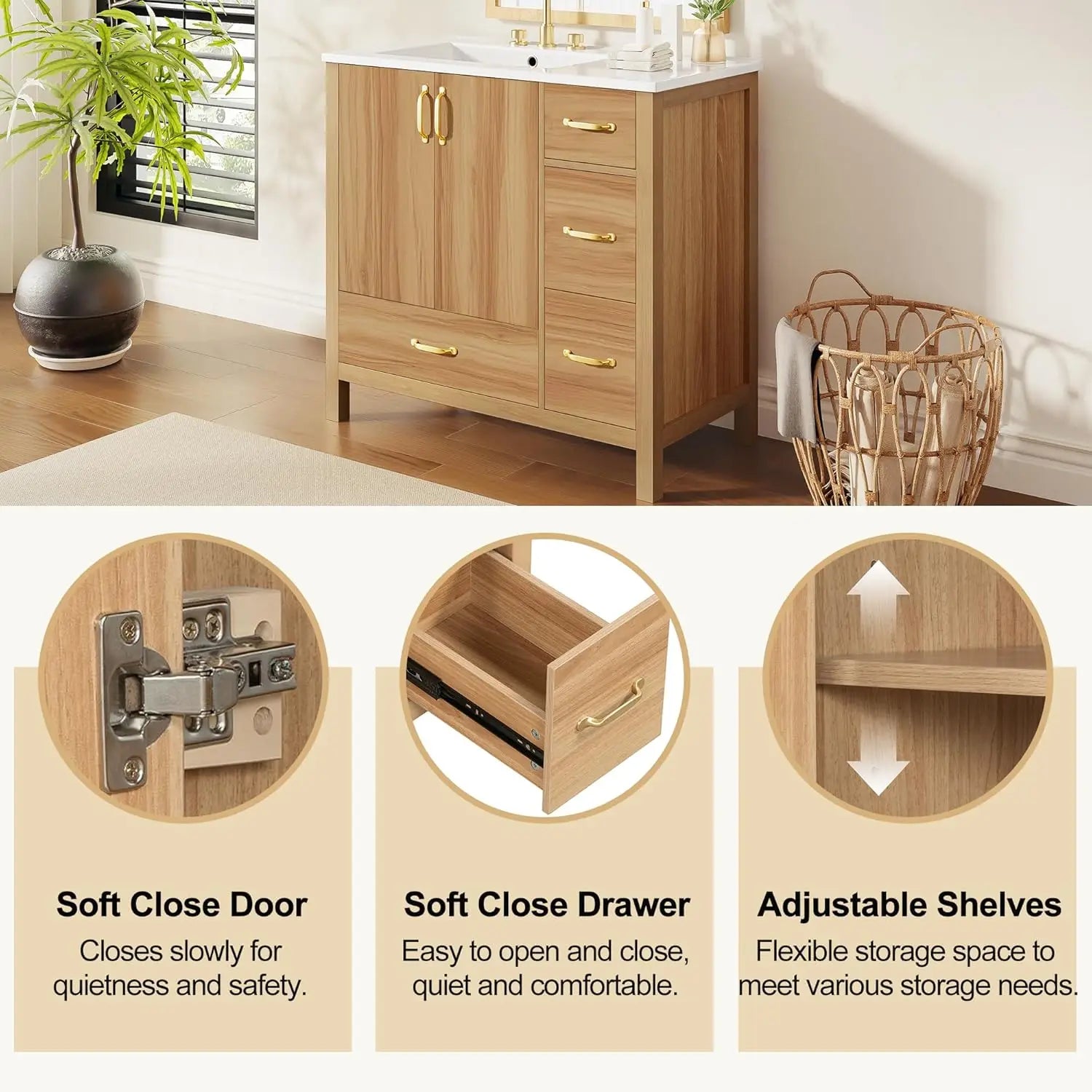 36in Wood Bathroom Vanity/Sink, 3 Drawer Storage Adjustable Shelf.