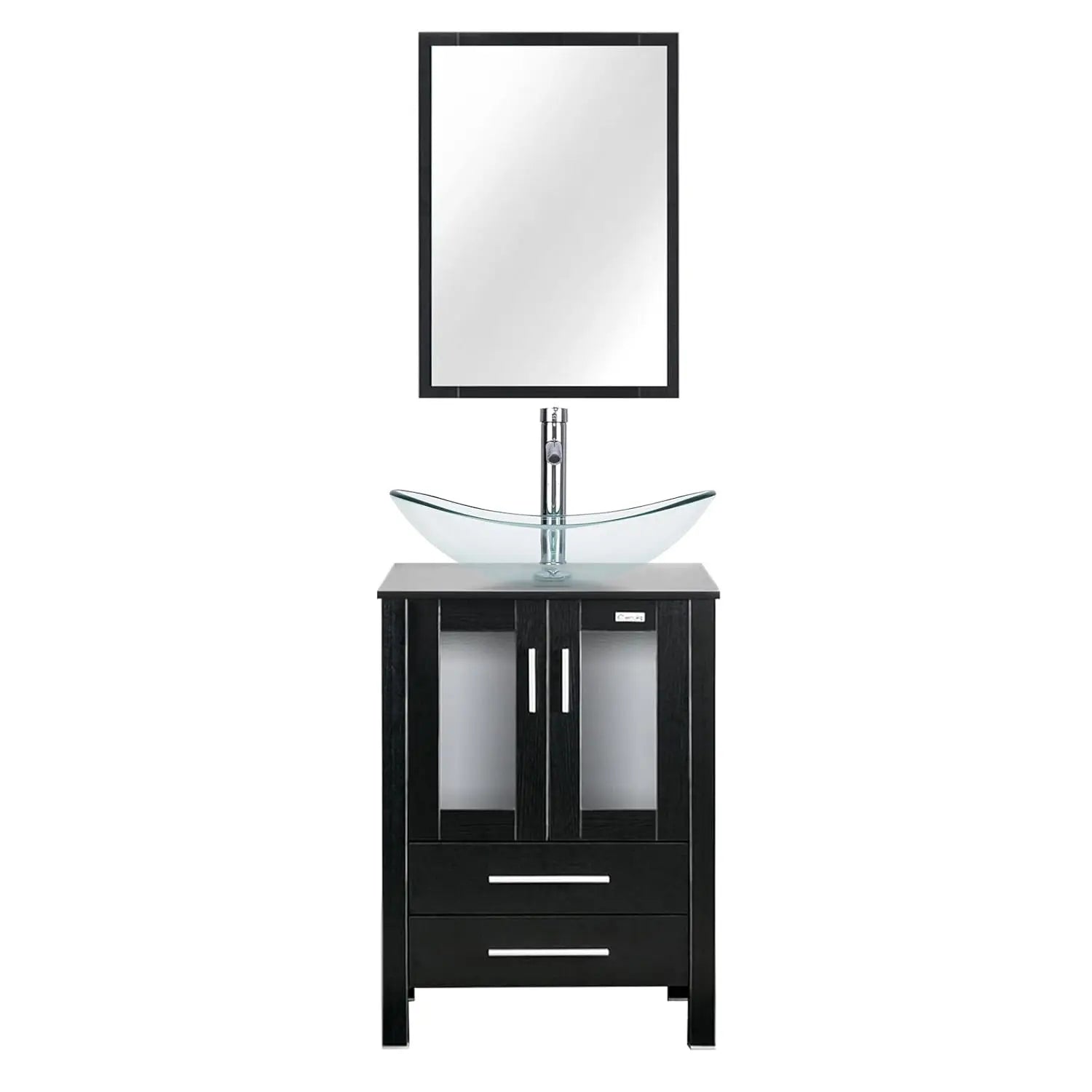 24" Vanity Blue Glass Vessel 2 Drawers Cabinet Soft Closing