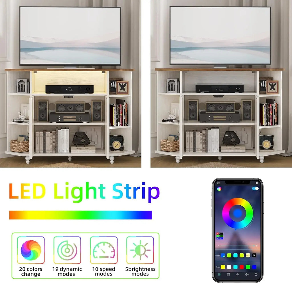 Corner Farmhouse Entertainment Center 50IN, LED Lights, Adjustable Shelves Barn Doors