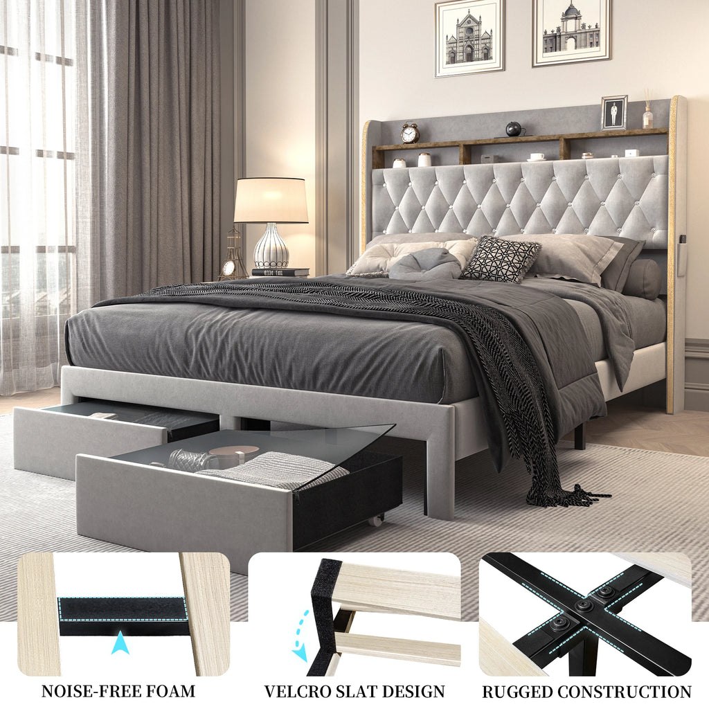 LED Bed Frame, Storage, Star Projector, Charging Station, 2-Tier Headboard, PU Leather Bed