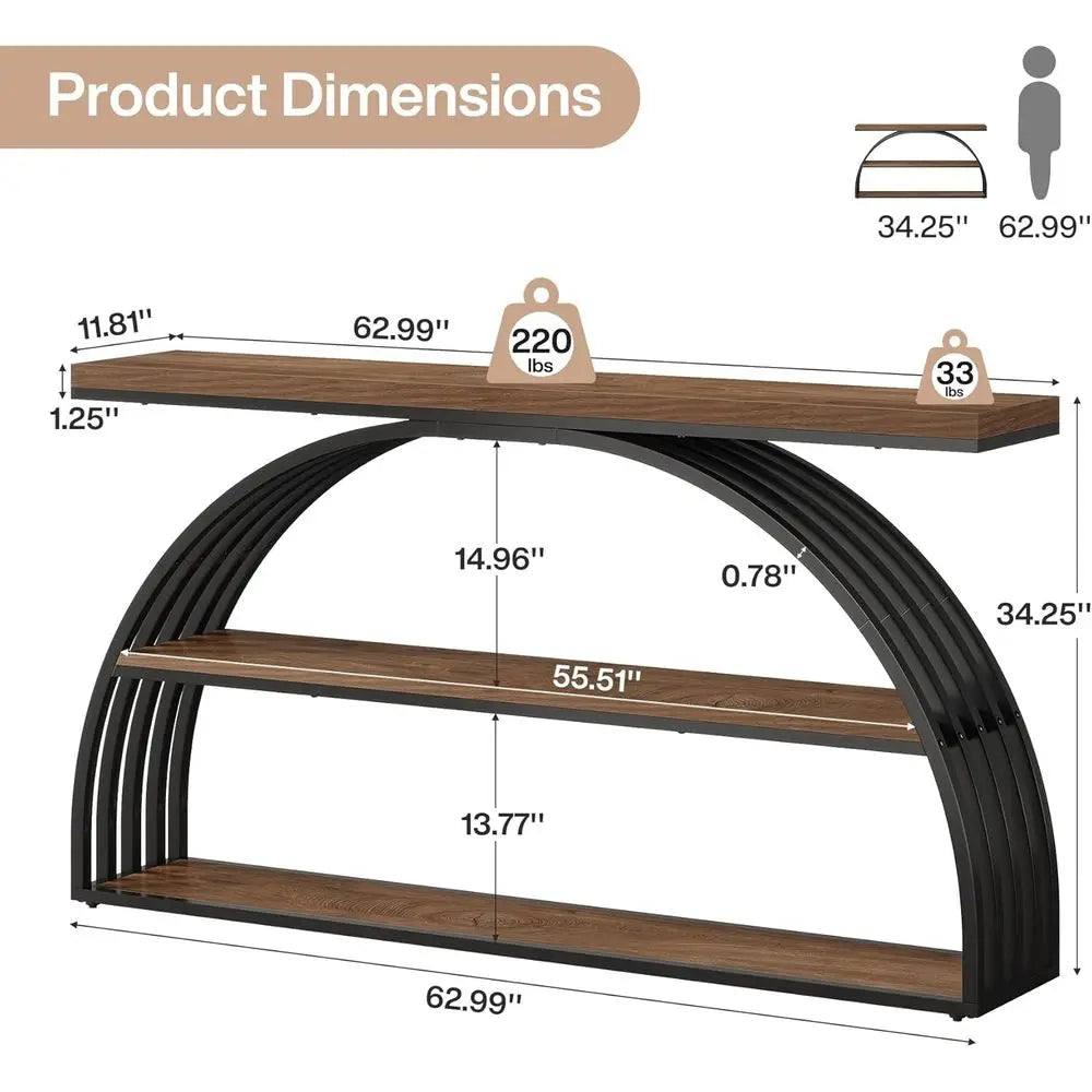 63-Inch Arched Table 3-Tier Shelf  Rustic Brown & Black