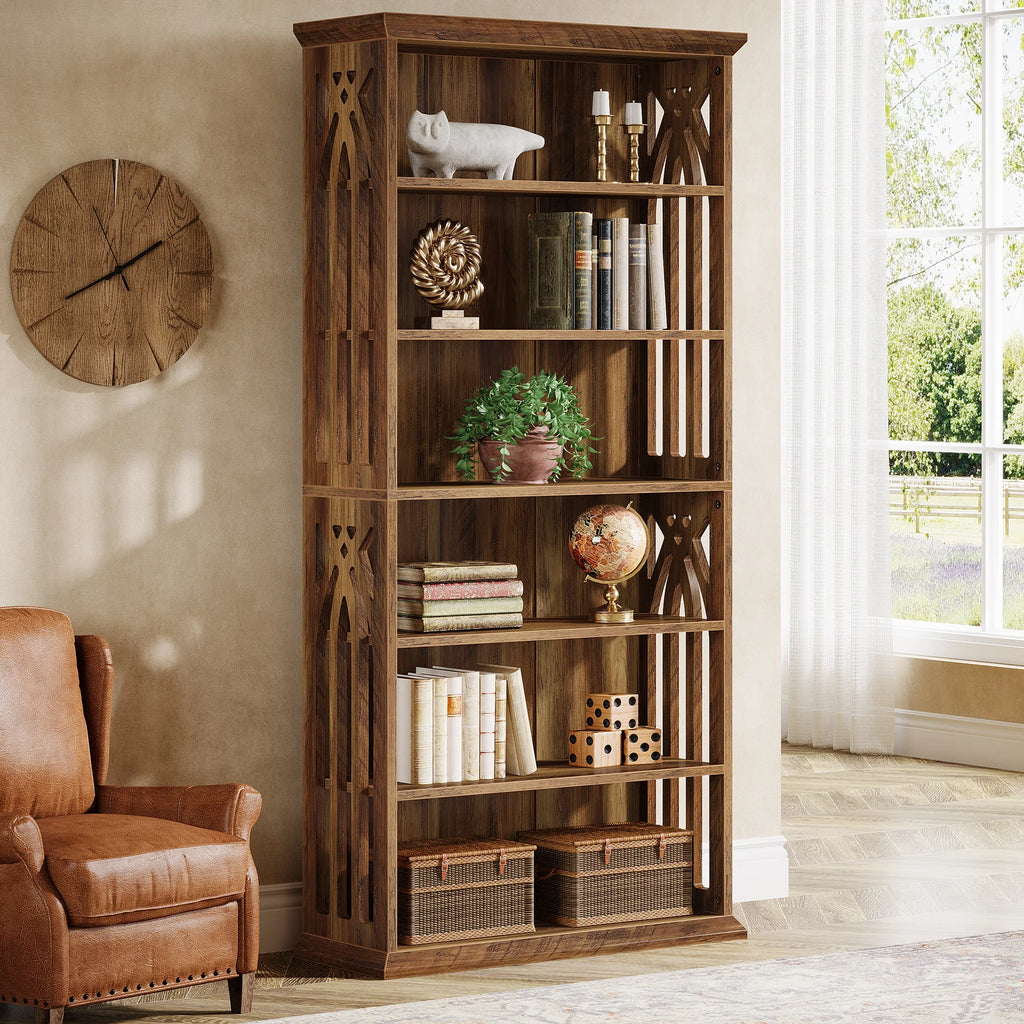 6-Tier 75-Inch Tall Bookcase, Large Freestanding Wood Display Shelves