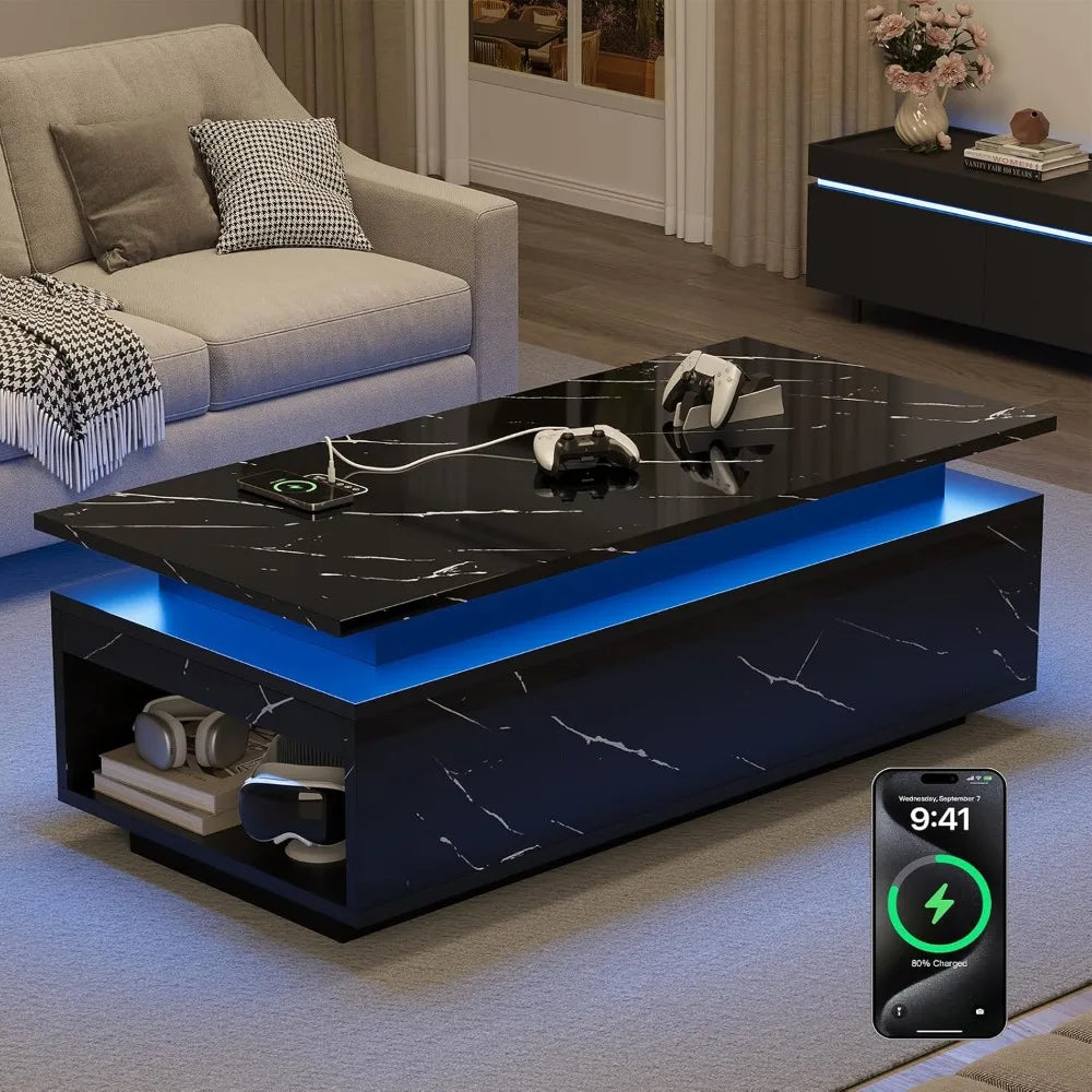 High Gloss Black Coffee Table LED, Storage, Wireless Charging, Speaker