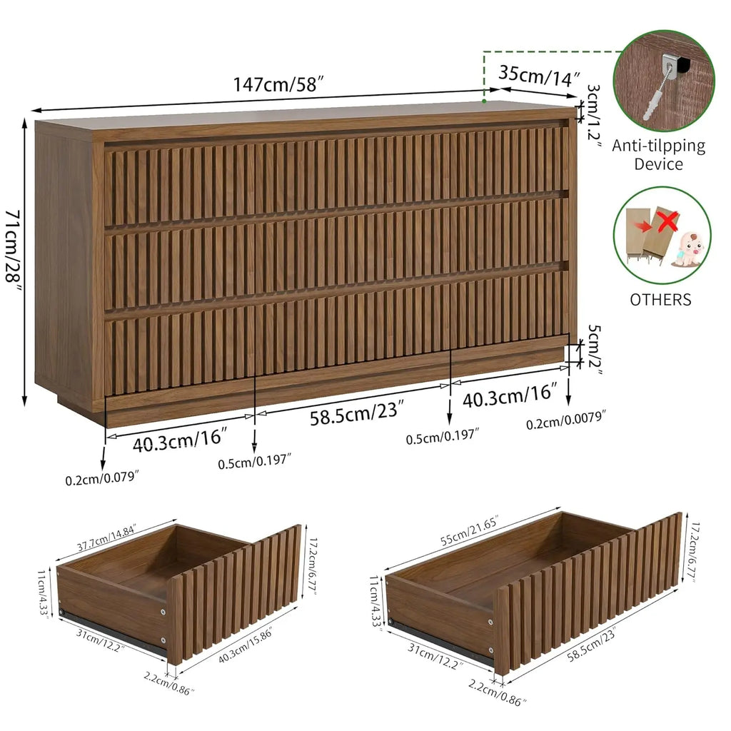 Fluted 9-Drawer Dresser, 58" Wide Vintage Chest of Drawers