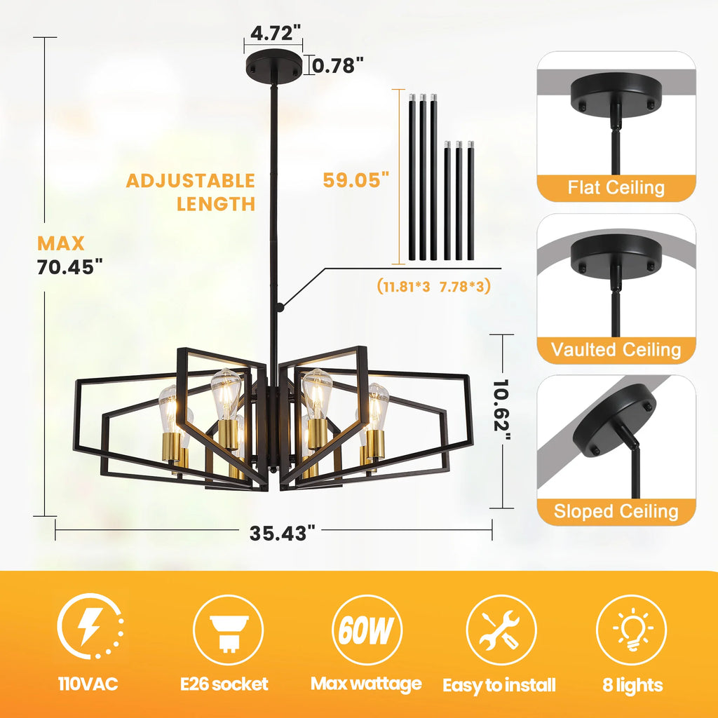 8-Light Chandelier, Adjustable Height, Black Frame, Golden Accents.